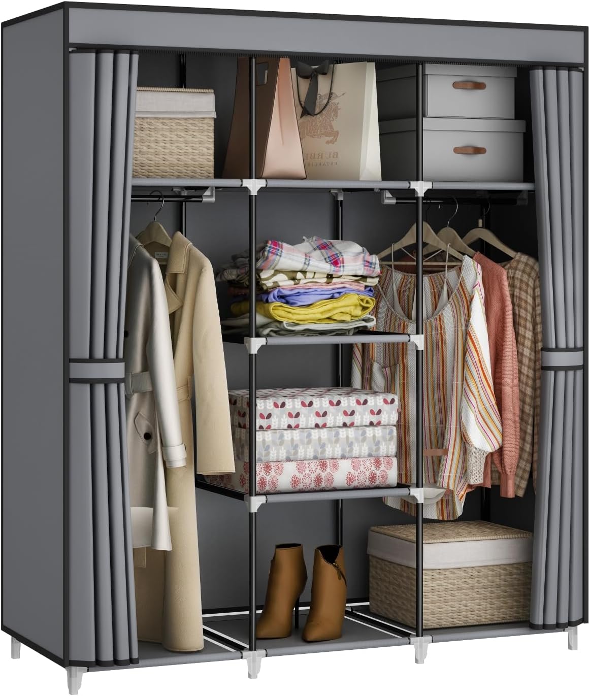 Portable Closet Wardrobe, 67-Inch Clothes Organizer with 4 Hanging Rods and 8 Shelves, Non-Woven Fabric Cover, Large Capacity Storage for Bedroom and Living Room, Black