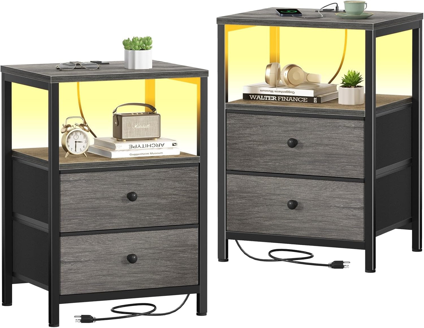 BOLUO White Nightstand with Charging Station, LED Night Stand with 2 Fabric Drawers, Bedside Table with USB Ports and Outlets, Nightstand for Bedroom Modern