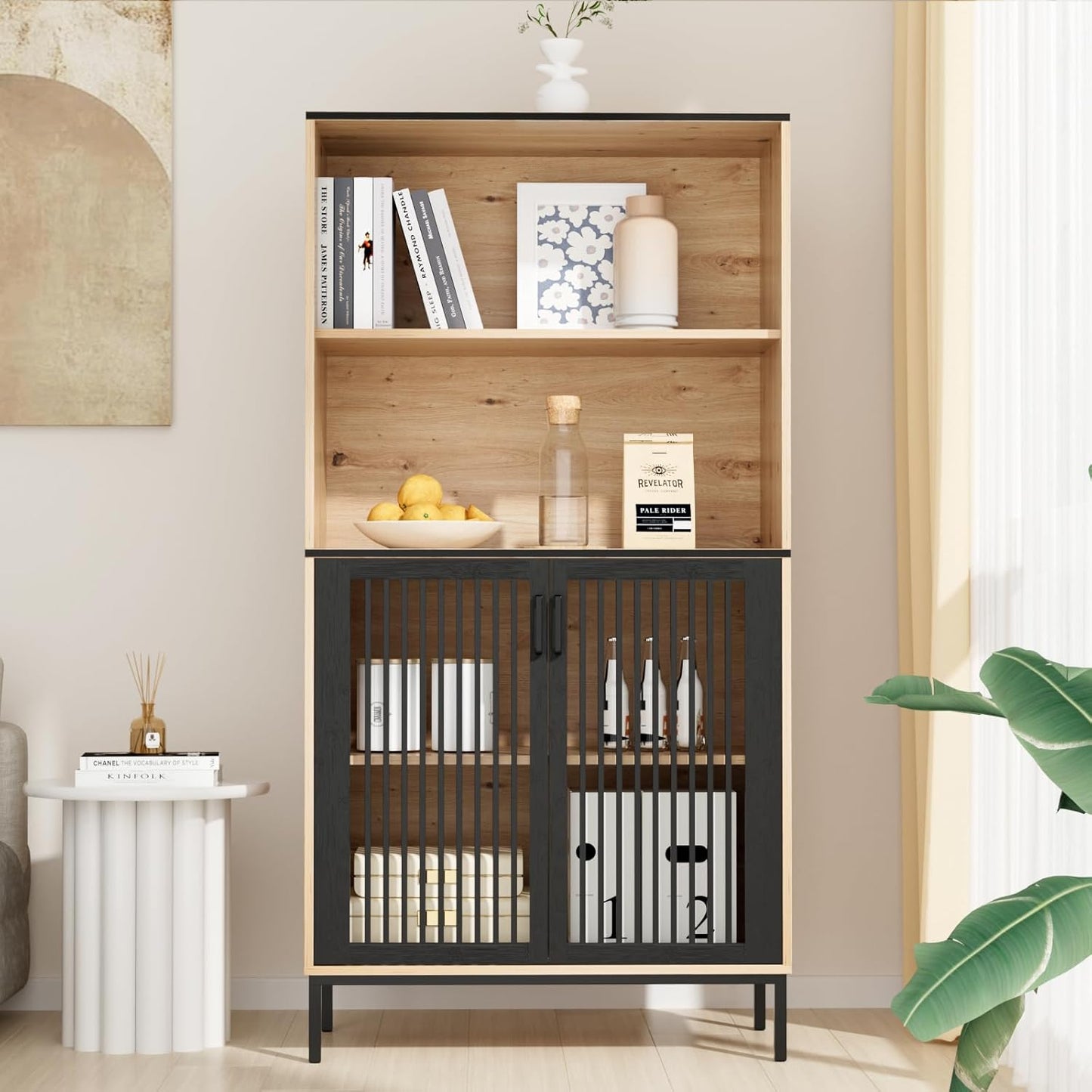 TUSY 61.4" Modern Bookshelf Set of 2, 4 Tier Bookcase with Storage for Living Room, Farmhouse Wooden Bookcase with Doors and Shelves for Home Office, Clutter-Free Storage Organizer for Bedroom (Black)