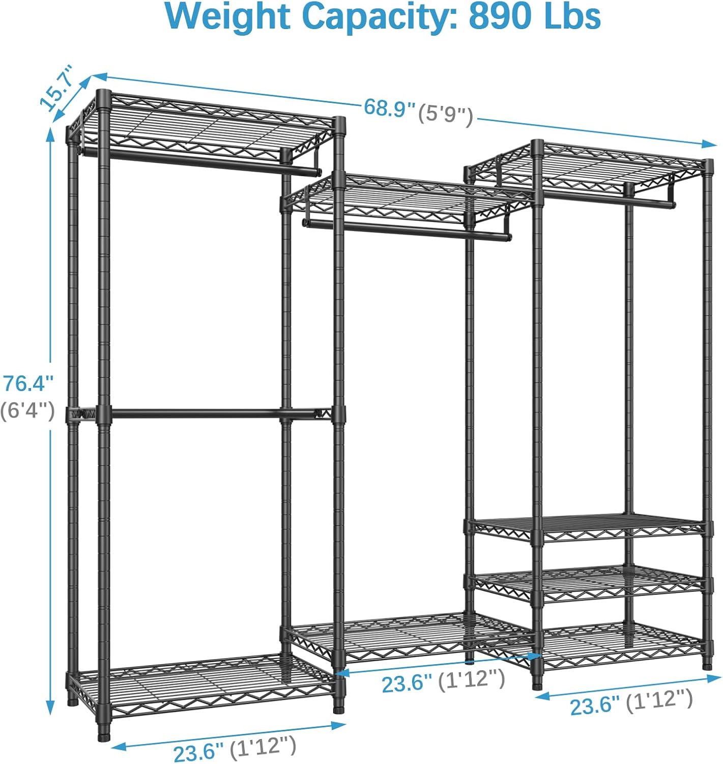 VIPEK V5 Portable Closet Wardrobe Heavy Duty Clothes Rack, Freestanding Clothing Rack with 4 Hang Rods & 8 Shelves, Adjustable Closet Racks, 68.9" L x 15.7" W x 76.4" H, Max Load 890LBS, Black
