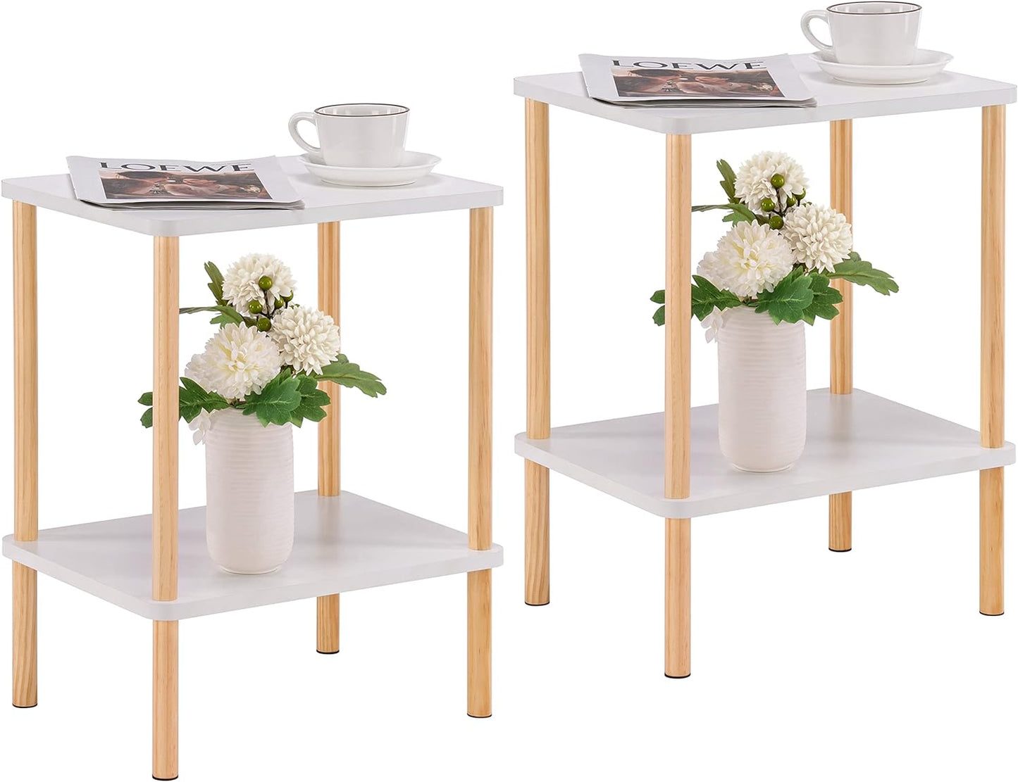 Apicizon 2 Tier End Table, Small Side Table with Solid Wood Legs, Boho Bedside Table with Storage Shelf, Nightstand for Small Spaces, Bedroom, Living Room, Entryway, Farmhouse, Easy Assembly, Natural