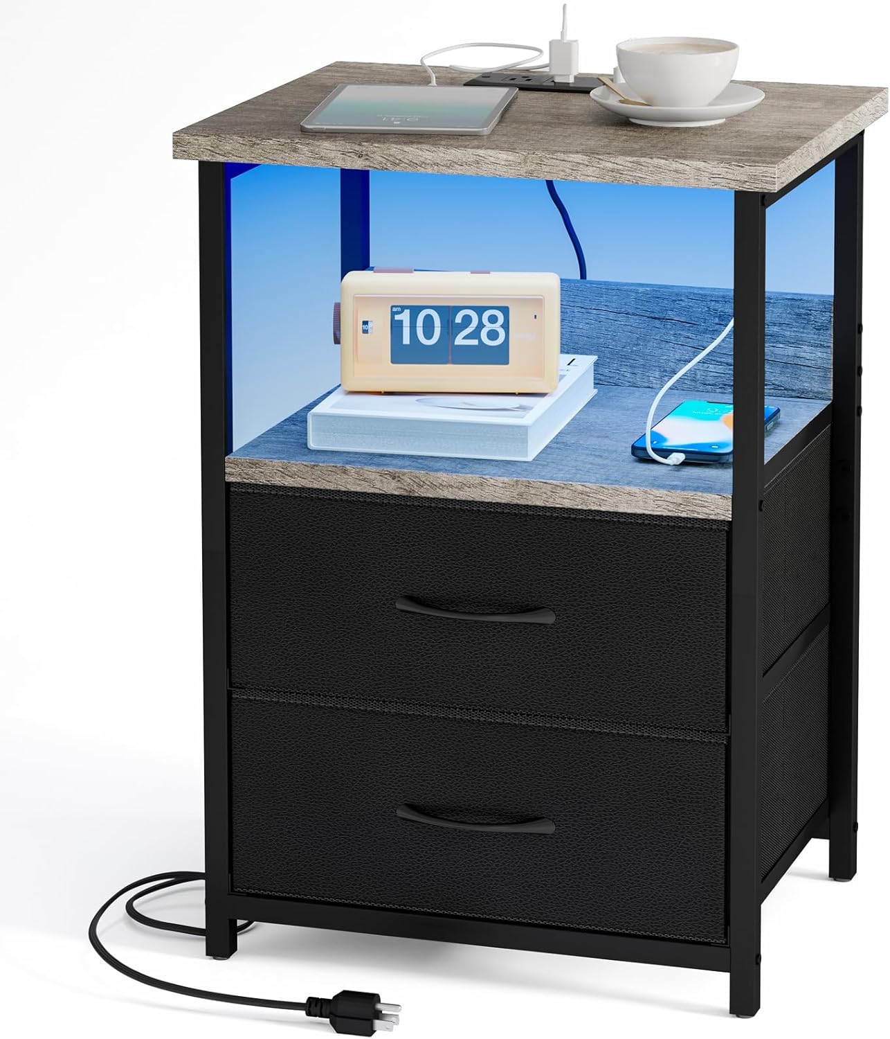 Fixwal Night Stand with Charging Station, LED Nightstand with U-S-B Ports and Outlets, 2 Fabric Storage Drawers with PU Finish, Small Bedside Table, Black