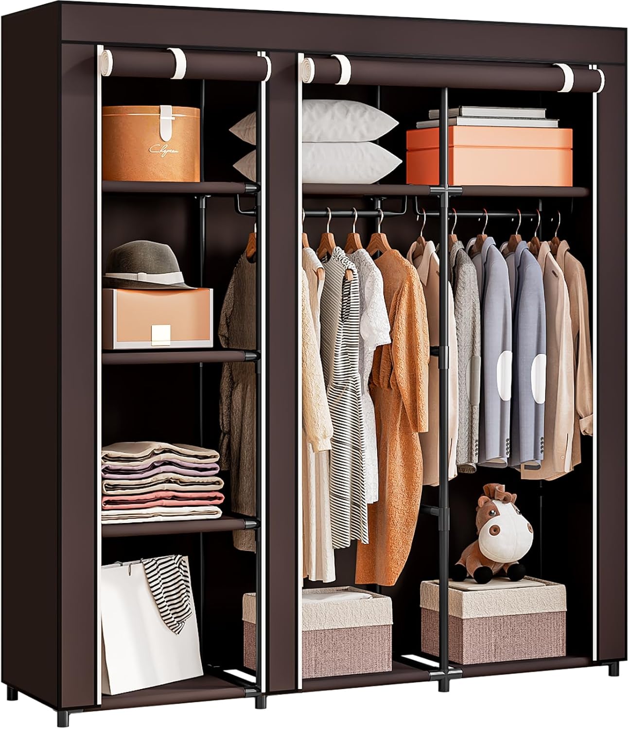 SORCEDAS Portable Wardrobe Closet Storage Organizer Metal Hanging Rack Non-Woven Fabric 34 Inch Black