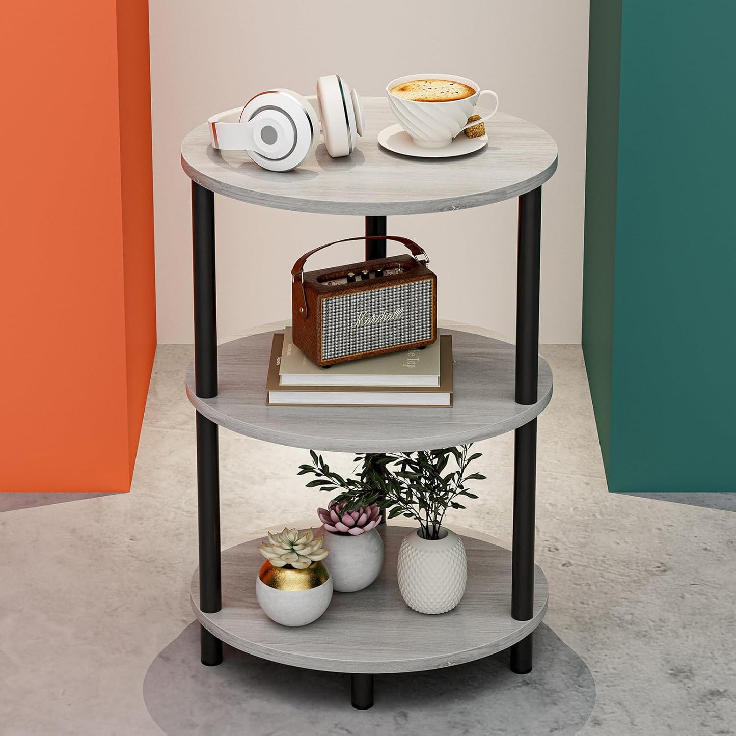 Small Round Side Table - 3-Tier Oval Accent Table for Small Spaces, Rustic Wood and Metal Couch End Table, Nightstand for Bedroom or End Table Living Room, Easy to Assemble, Rustic Brown