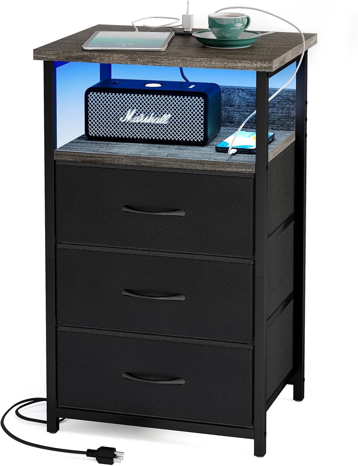 Fixwal Night Stand with Charging Station, LED Nightstand with U-S-B Ports and Outlets, 3 Fabric Storage Drawers with PU Finish, Bedside Table, Black