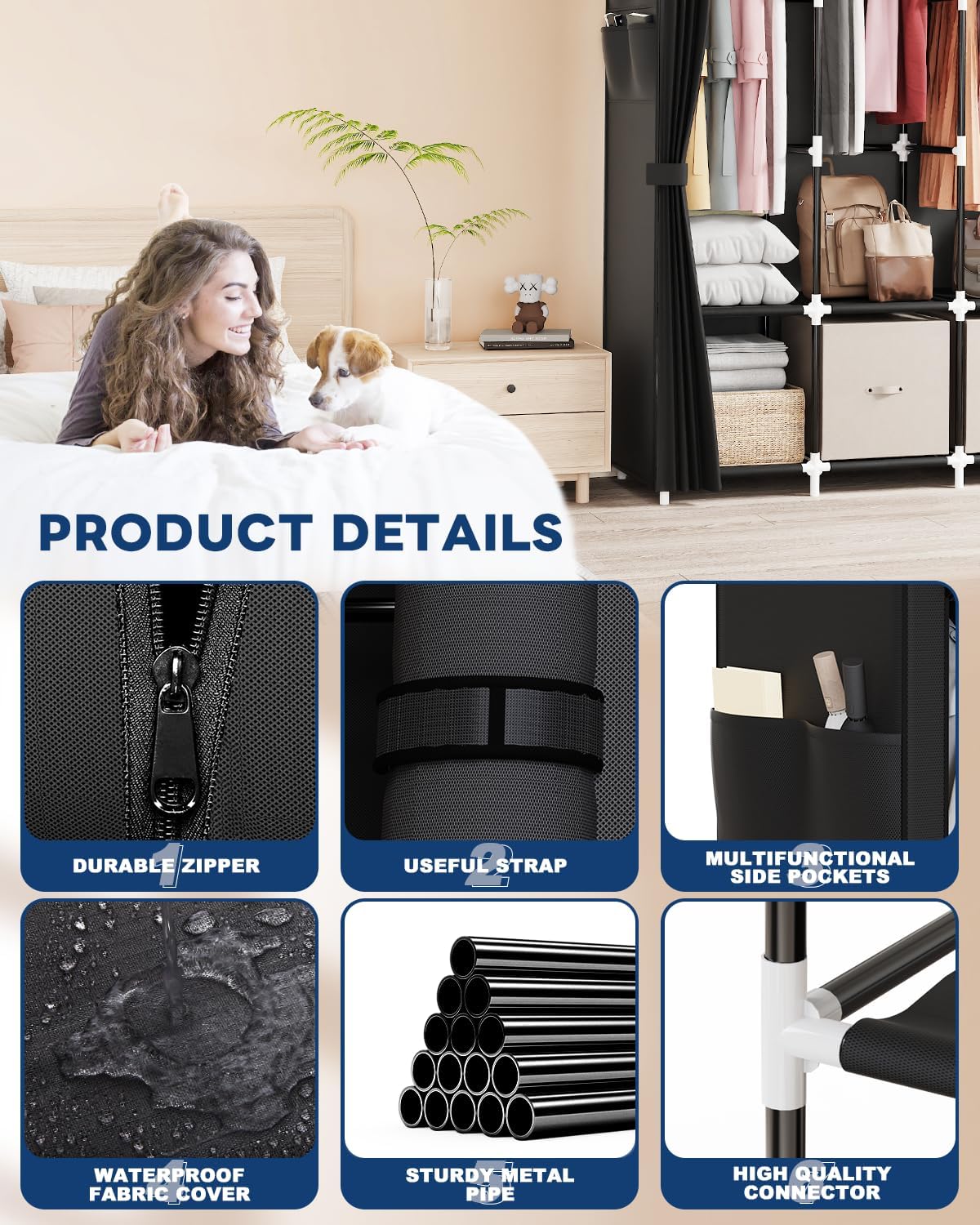 Mavivegue Clothes Organizer with 4 Hanging Rods, Portable Closet Wardrobe, Non-Woven Fabric Cover, Large Capacity Storage for Bedroom and Living Room,Black