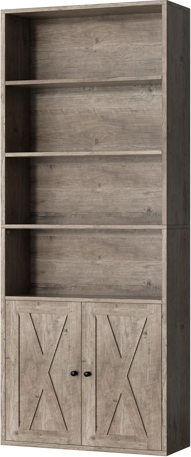Shintenchi Bookshelf, Industrial Bookshelves and Bookcases with Doors Floor Standing 6 Shelf Display Storage Shelves 70.6 inches Tall Bookcase for Home Office, Living Room (Black)
