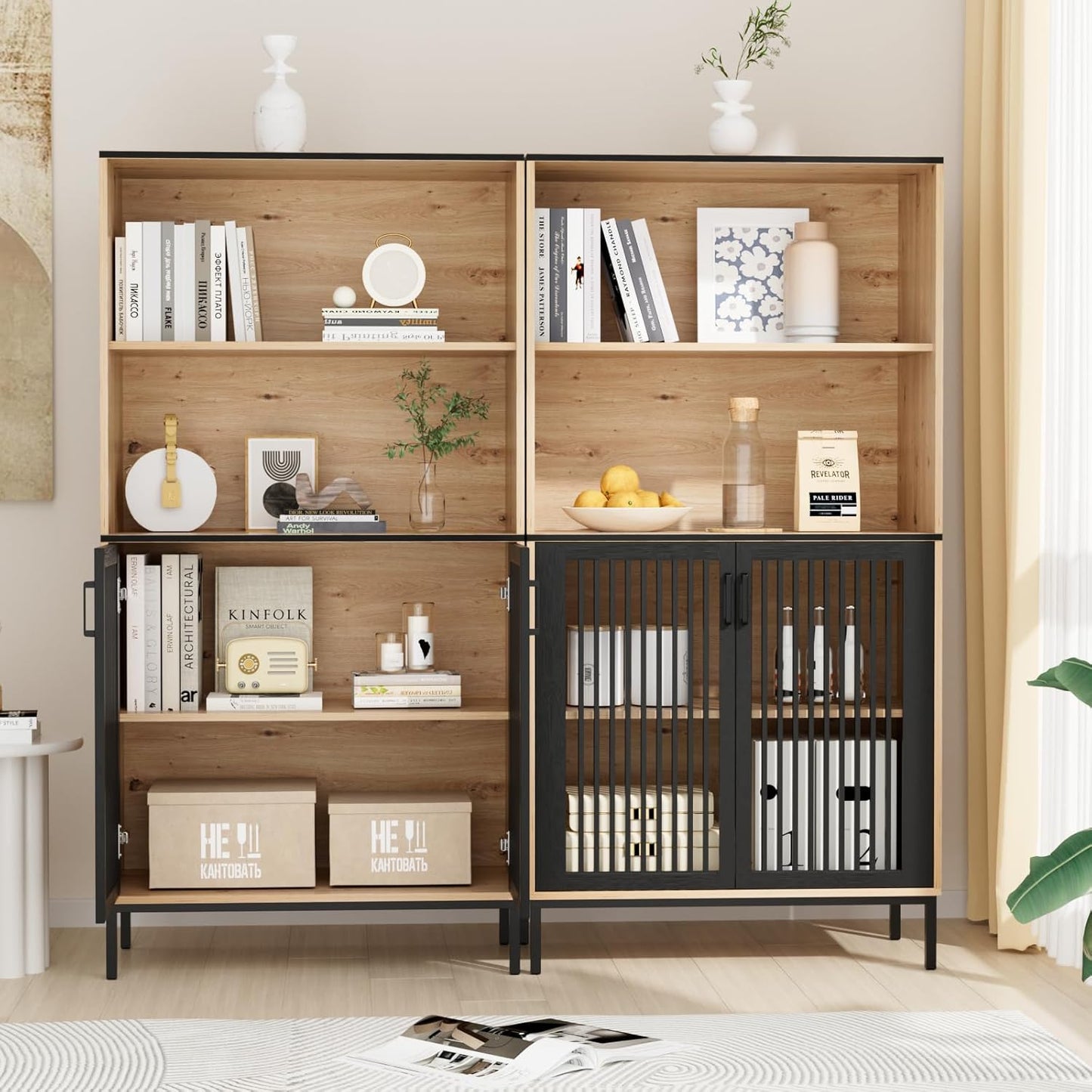 TUSY 61.4" Modern Bookshelf Set of 2, 4 Tier Bookcase with Storage for Living Room, Farmhouse Wooden Bookcase with Doors and Shelves for Home Office, Clutter-Free Storage Organizer for Bedroom (Black)