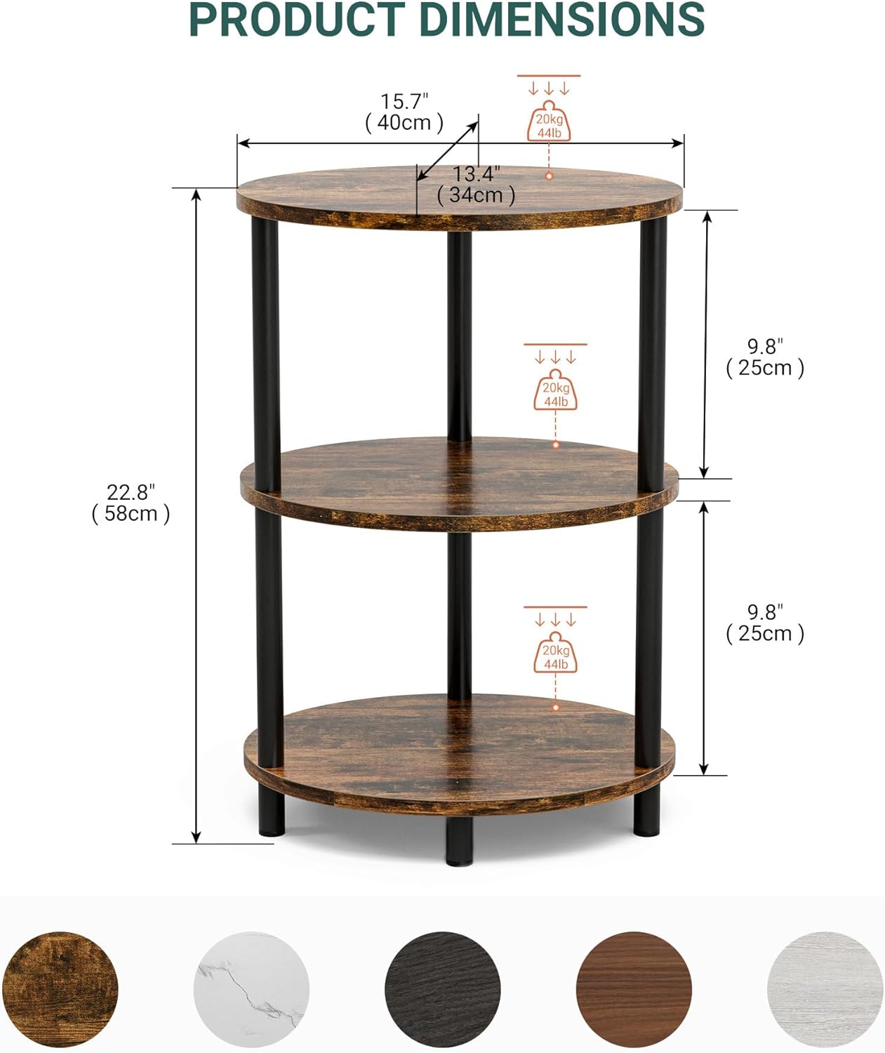 Small Round Side Table - 3-Tier Oval Accent Table for Small Spaces, Rustic Wood and Metal Couch End Table, Nightstand for Bedroom or End Table Living Room, Easy to Assemble, Rustic Brown