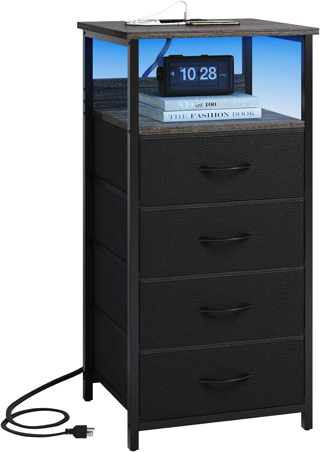 Fixwal Night Stand with Charging Station, LED Nightstand with U-S-B Ports and Outlets, 3 Fabric Storage Drawers with PU Finish, Bedside Table, Black