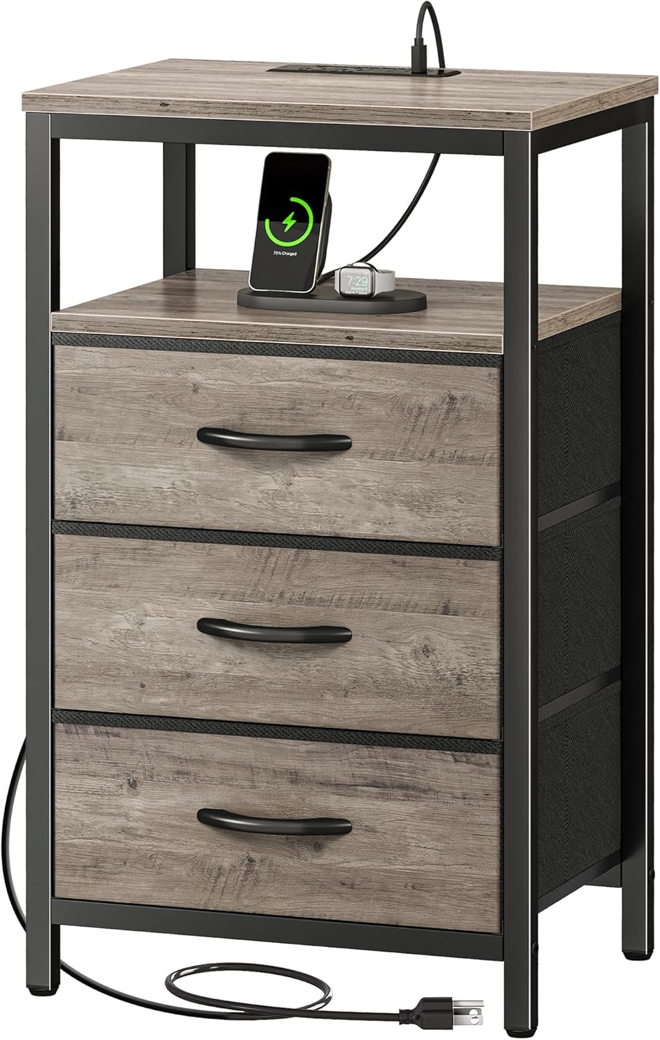 Huuger Nightstand with Charging Station, 27.6 Inch Bedside Table with Fabric Drawers, End Table with USB Ports and Outlets, Night Stand for Bedroom, Rustic Brown