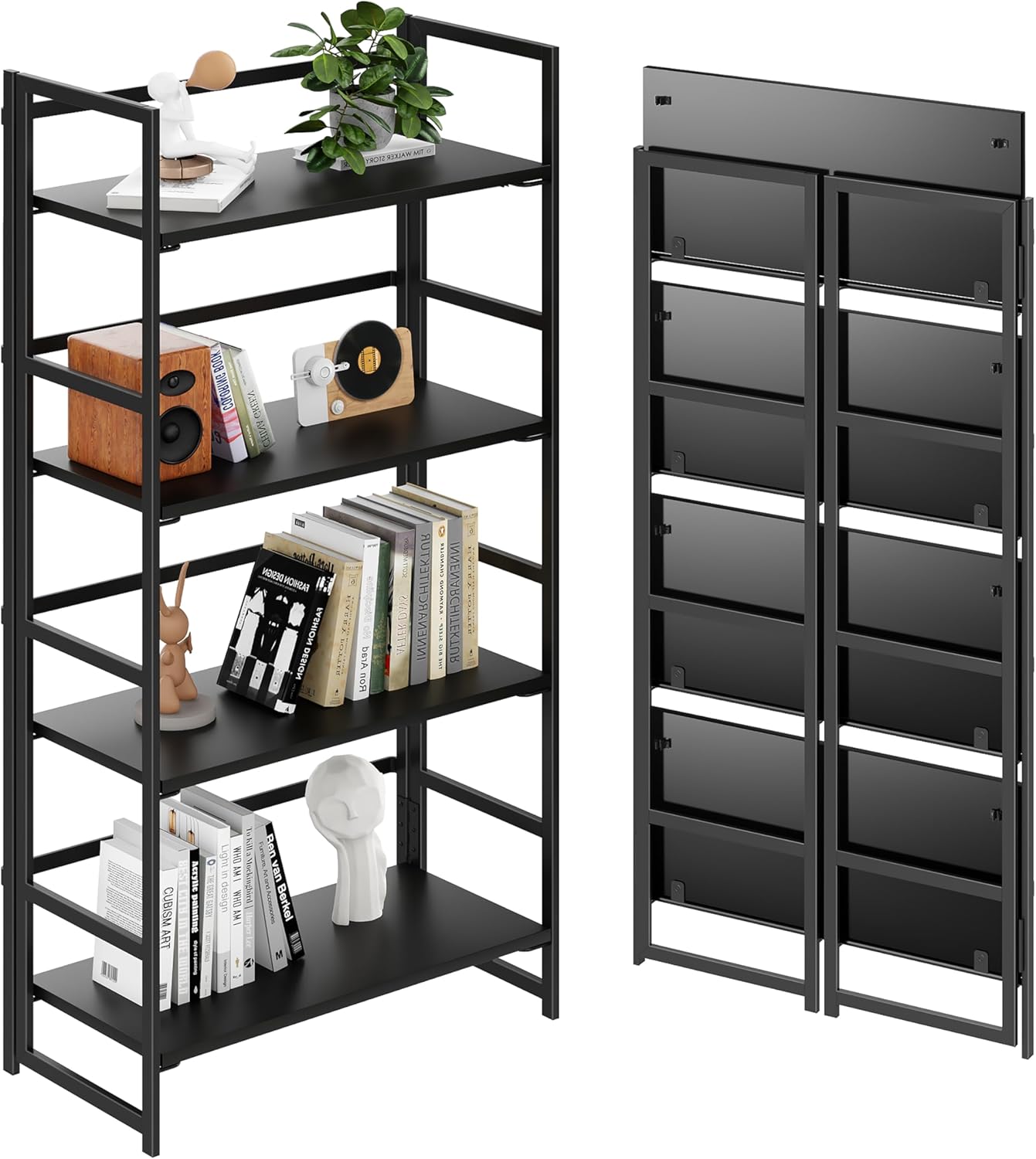 BHG Vintage Multifunctional Folding Bookshelf, No-Assembly Plant Stand Storage Rack Shelves for Home Office (Fire, 5-Tier)