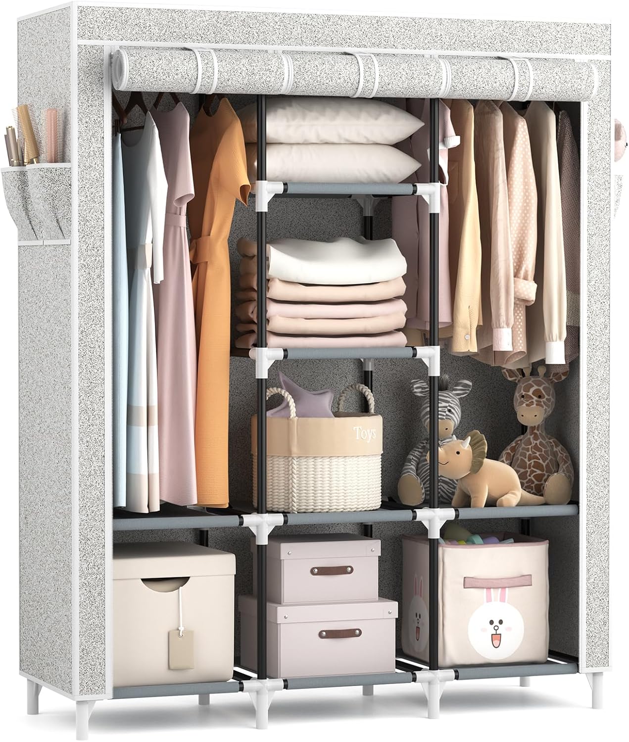 VTRIN Portable Closet Wardrobe for Hanging Clothes with 2 Hanging Rods and 8 Storage Organizer Shelves,Sturdy Large Wardrobe Closet for Bedroom Free Standing Clothes Rack with Cover,Grey