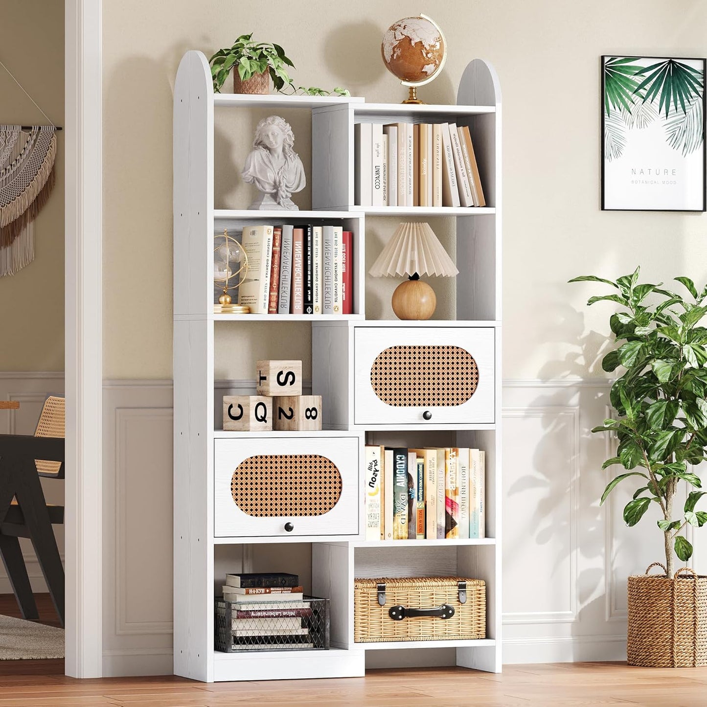 IRONCK 6 Tier Bookshelf and Bookcase with 2 Rattan Design Flip-top Storage Cabinets, 8 Cube Bookcases Display Storage Shelves Organizer for Living Room, 43.3" White