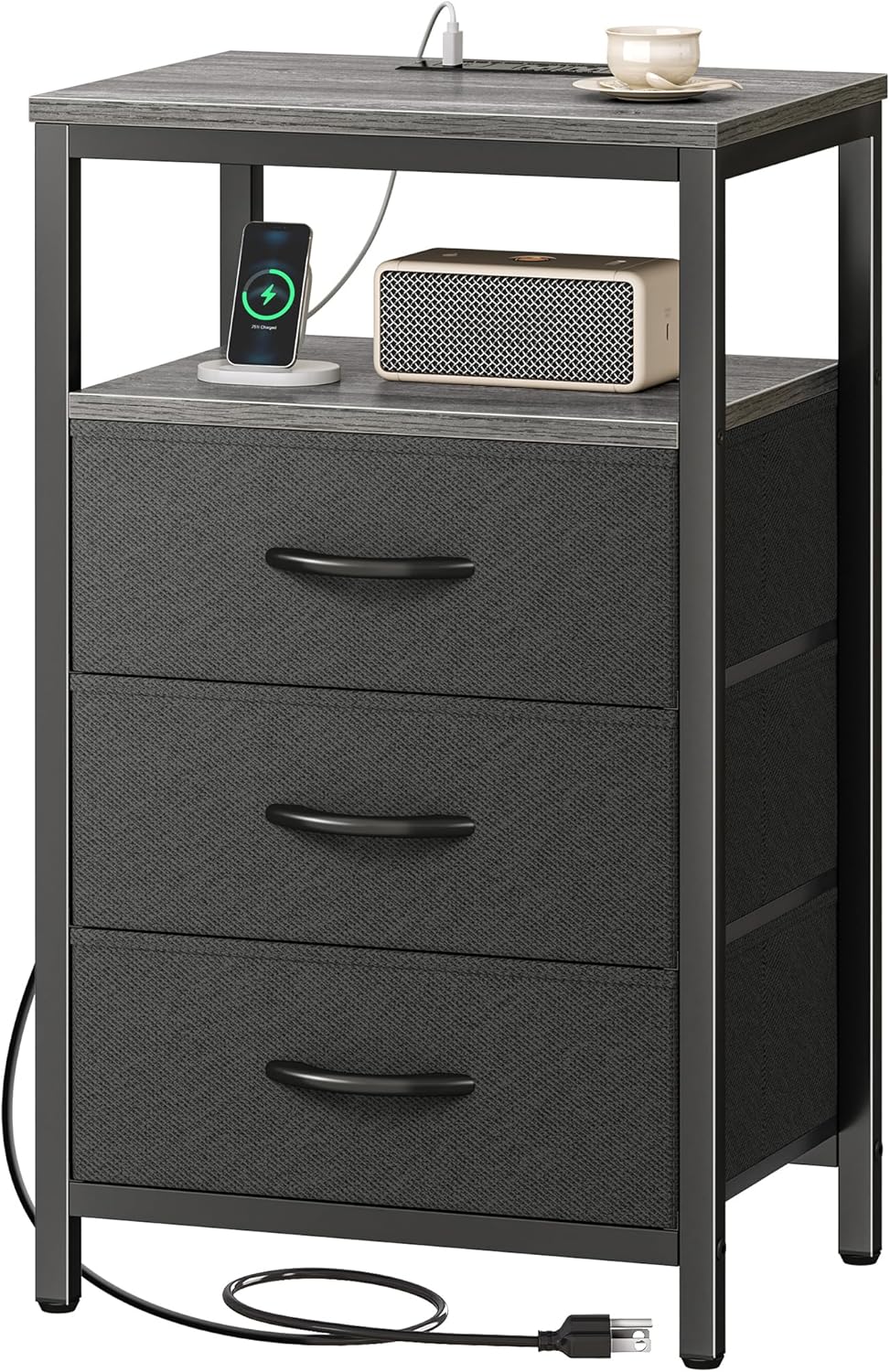 Huuger Nightstand with Charging Station, 27.6 Inch Bedside Table with Fabric Drawers, End Table with USB Ports and Outlets, Night Stand for Bedroom, Rustic Brown