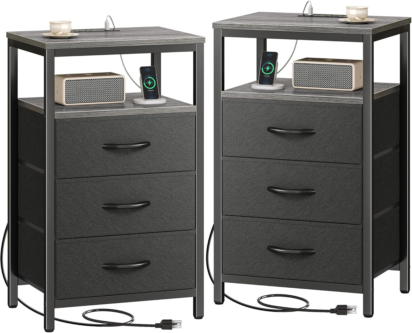 Huuger Nightstand with Charging Station, 27.6 Inch Bedside Table with Fabric Drawers, End Table with USB Ports and Outlets, Night Stand for Bedroom, Rustic Brown