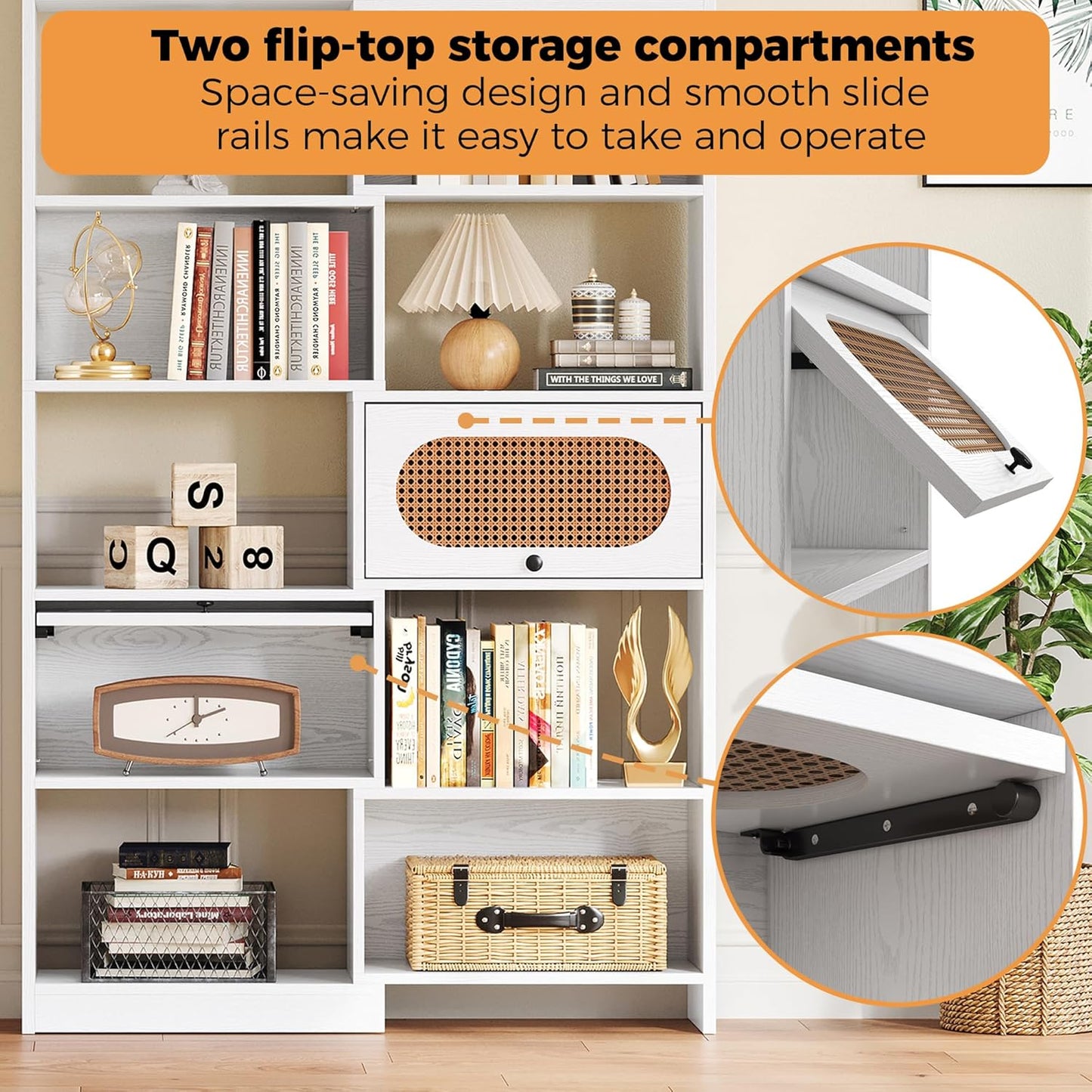 IRONCK 6 Tier Bookshelf and Bookcase with 2 Rattan Design Flip-top Storage Cabinets, 8 Cube Bookcases Display Storage Shelves Organizer for Living Room, 43.3" White