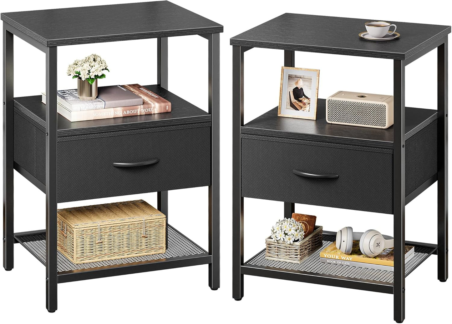 Huuger Nightstand Set of 2, Night Stand with Fabric Drawer, Mesh Shelf, Side Table with Storage, Fabric Drawer Dresser, Open Shelf, Metal Frame, Bedroom, Rustic Brown