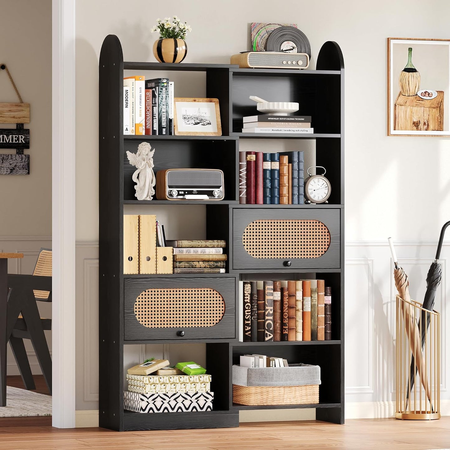 IRONCK 6 Tier Bookshelf and Bookcase with 2 Rattan Design Flip-top Storage Cabinets, 8 Cube Bookcases Display Storage Shelves Organizer for Living Room, 43.3" White