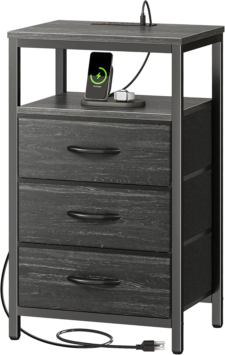 Huuger Nightstand with Charging Station, 27.6 Inch Bedside Table with Fabric Drawers, End Table with USB Ports and Outlets, Night Stand for Bedroom, Rustic Brown