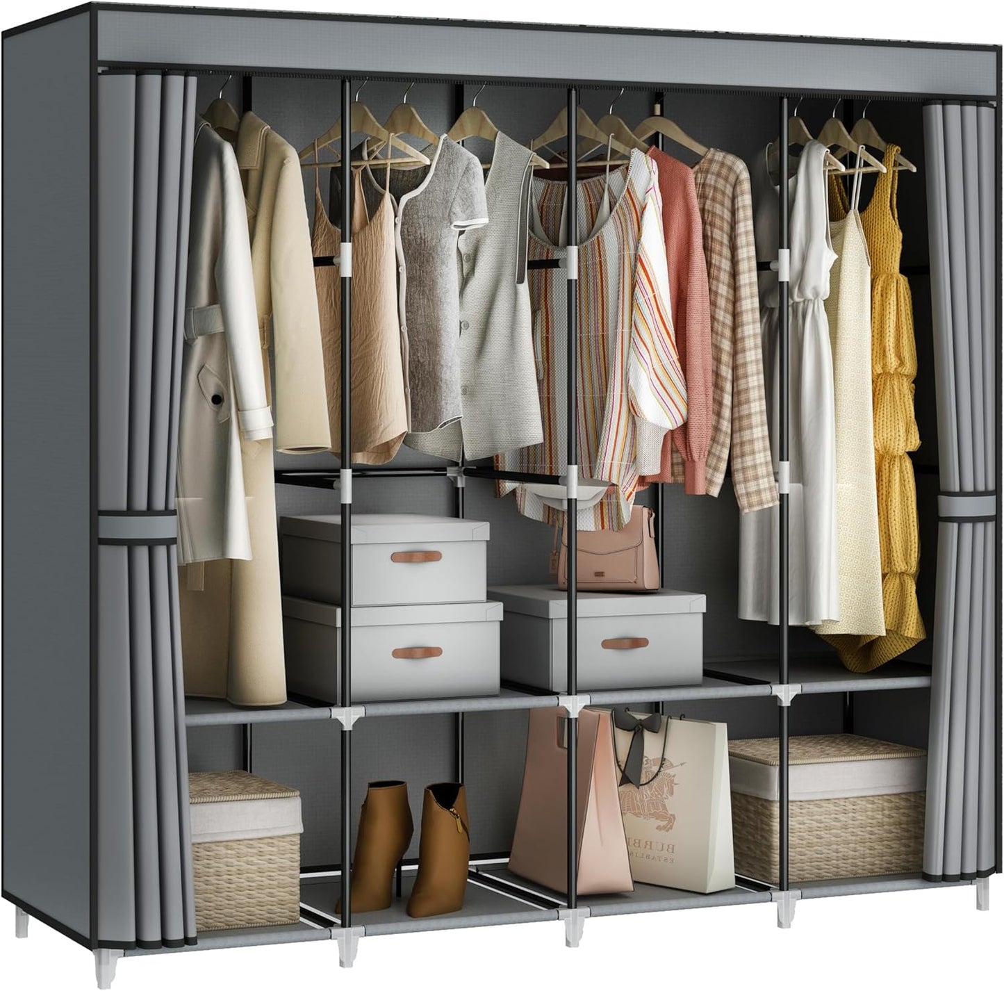 Portable Closet Wardrobe, 67-Inch Clothes Organizer with 4 Hanging Rods and 8 Shelves, Non-Woven Fabric Cover, Large Capacity Storage for Bedroom and Living Room, Black