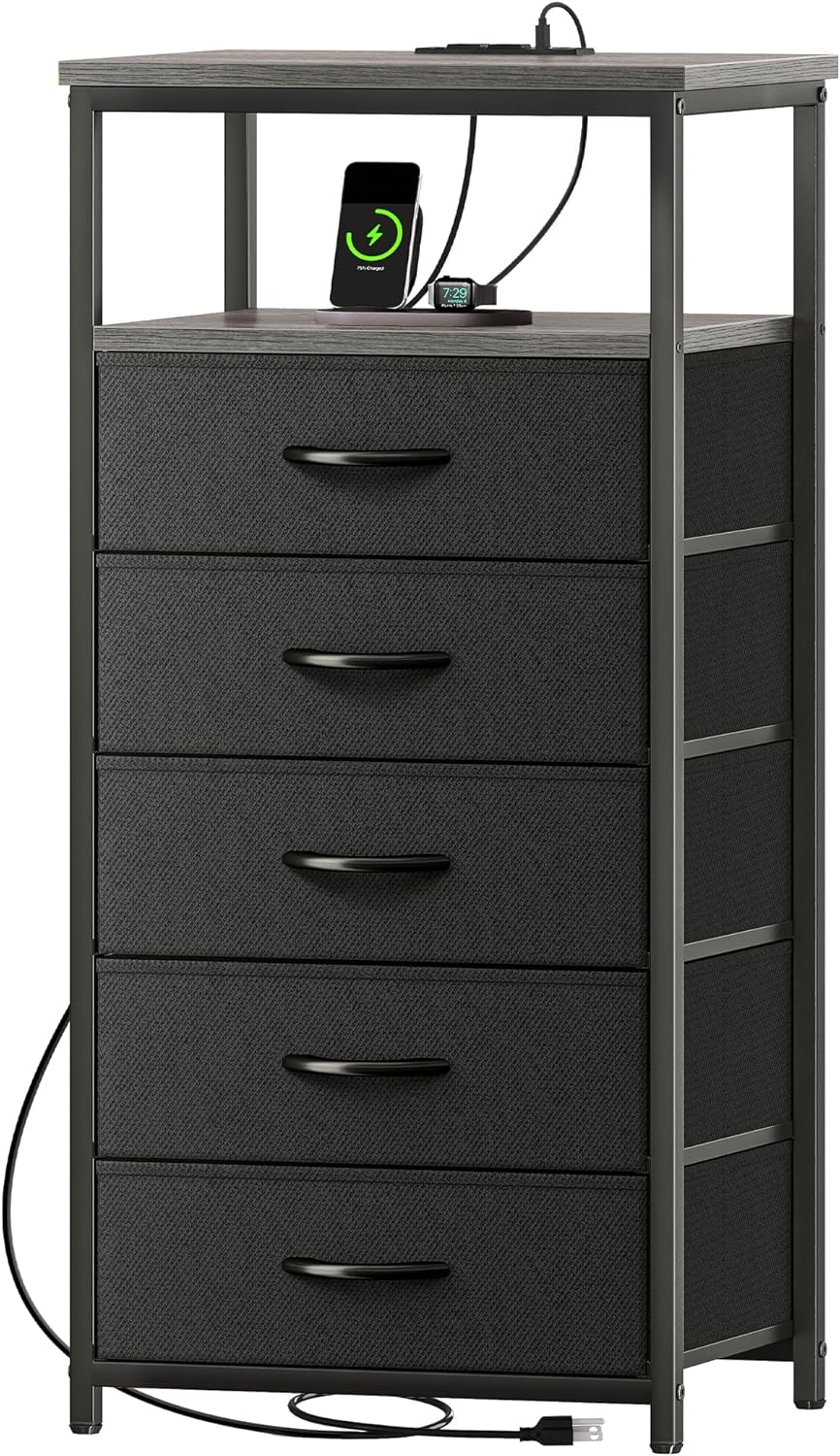 Huuger Nightstand with Charging Station, 27.6 Inch Bedside Table with Fabric Drawers, End Table with USB Ports and Outlets, Night Stand for Bedroom, Rustic Brown