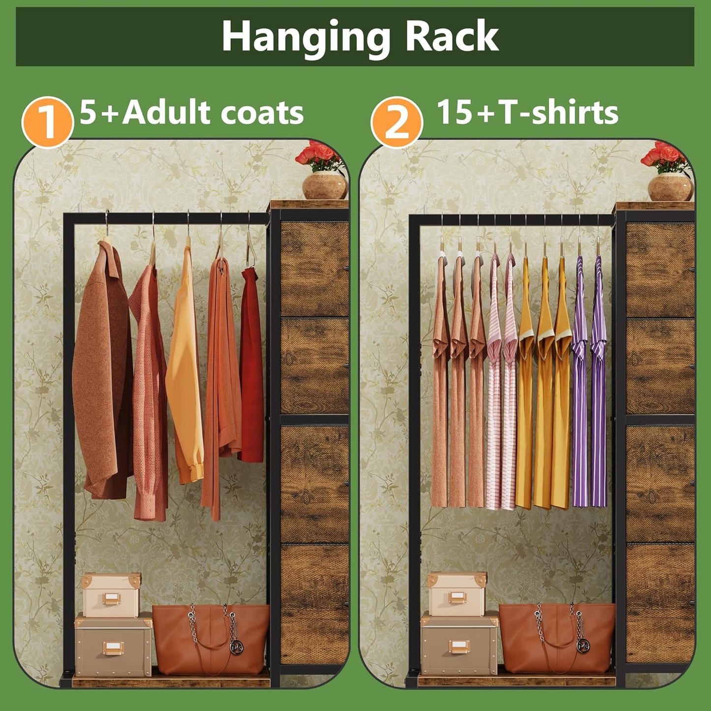 Dresser with Hanging Rack, 4 Drawers Small Closet for Bedroom, Reversible Fabric Kids Chest of Drawers with Clothes Rack, Tall Storage Tower, Sturdy Frame, Rustic Brown, 44''H
