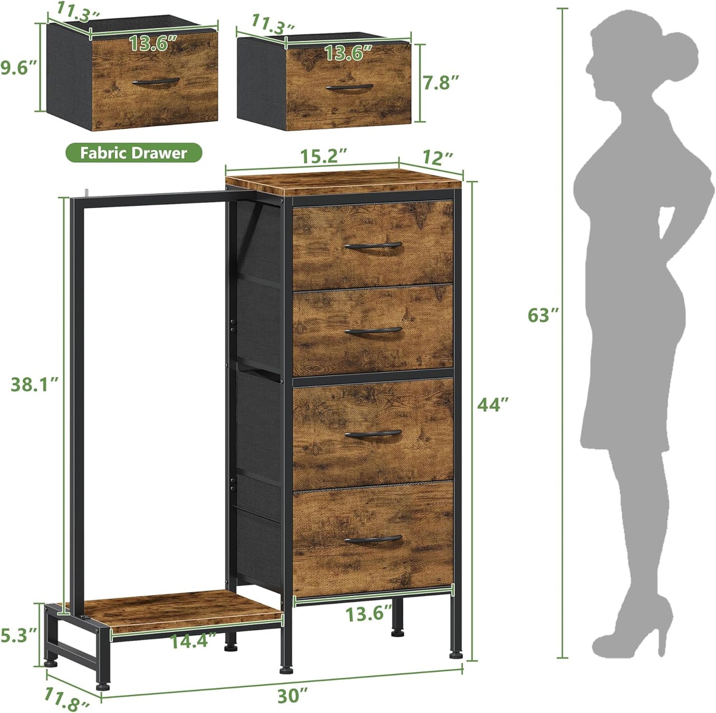 Dresser with Hanging Rack, 4 Drawers Small Closet for Bedroom, Reversible Fabric Kids Chest of Drawers with Clothes Rack, Tall Storage Tower, Sturdy Frame, Rustic Brown, 44''H