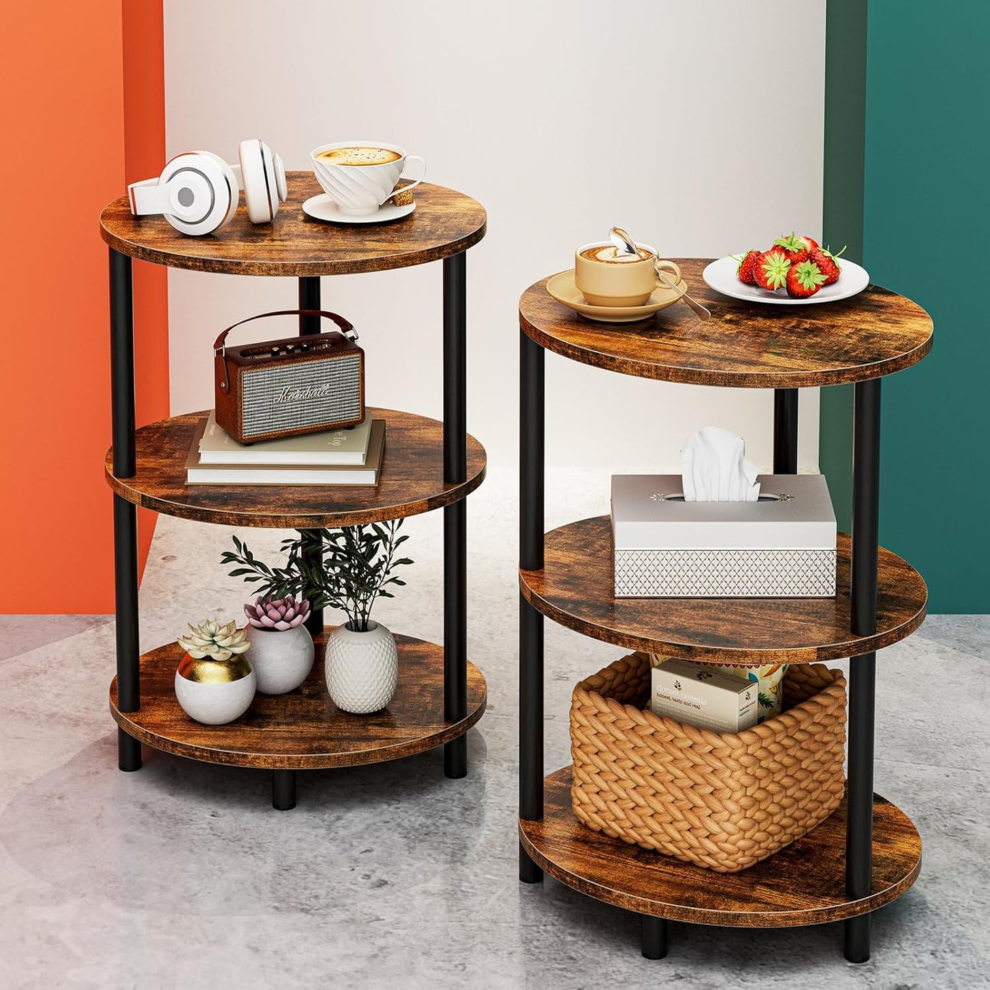 Small Round Side Table - 3-Tier Oval Accent Table for Small Spaces, Rustic Wood and Metal Couch End Table, Nightstand for Bedroom or End Table Living Room, Easy to Assemble, Rustic Brown