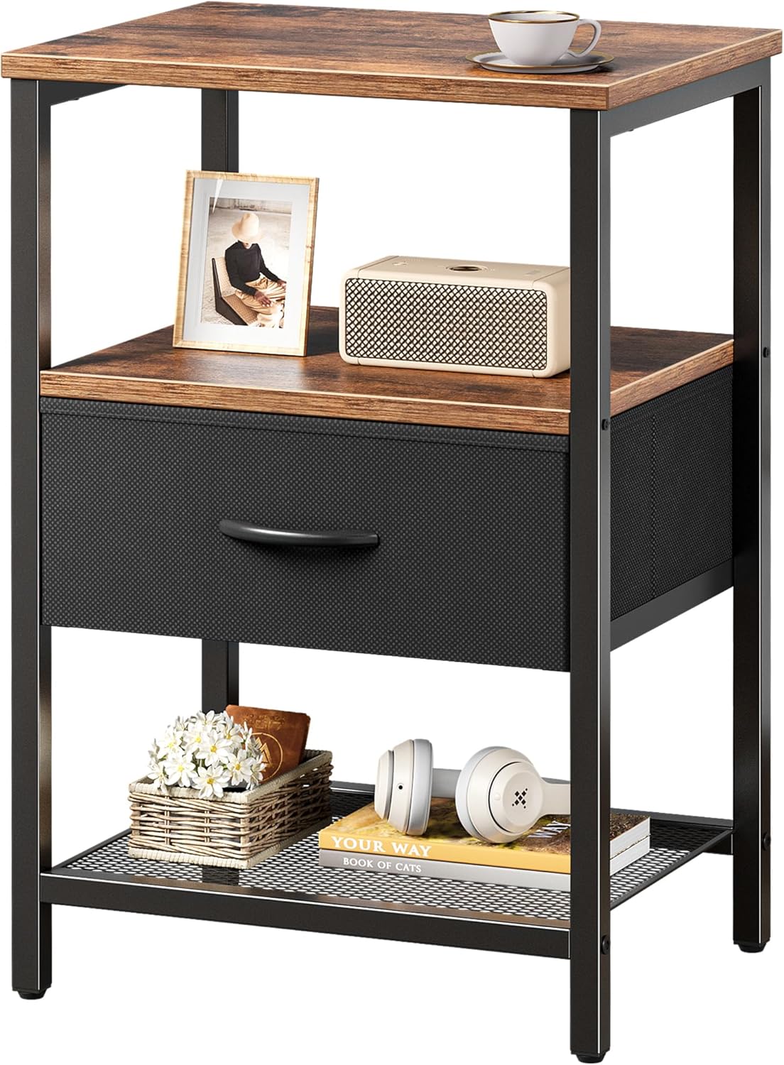 Huuger Nightstand Set of 2, Night Stand with Fabric Drawer, Mesh Shelf, Side Table with Storage, Fabric Drawer Dresser, Open Shelf, Metal Frame, Bedroom, Rustic Brown