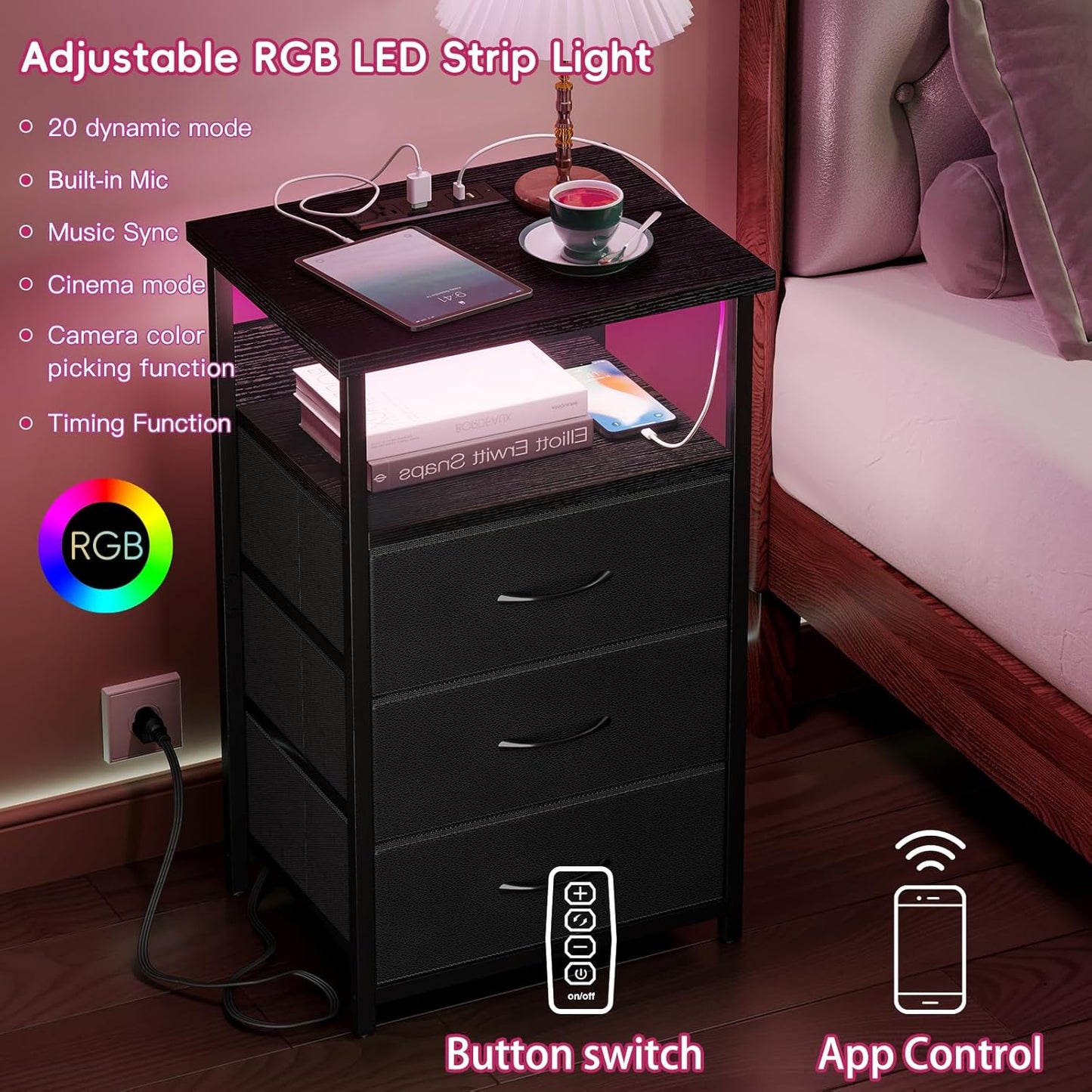 Fixwal Night Stand with Charging Station, LED Nightstand with U-S-B Ports and Outlets, 3 Fabric Storage Drawers with PU Finish, Bedside Table, Black