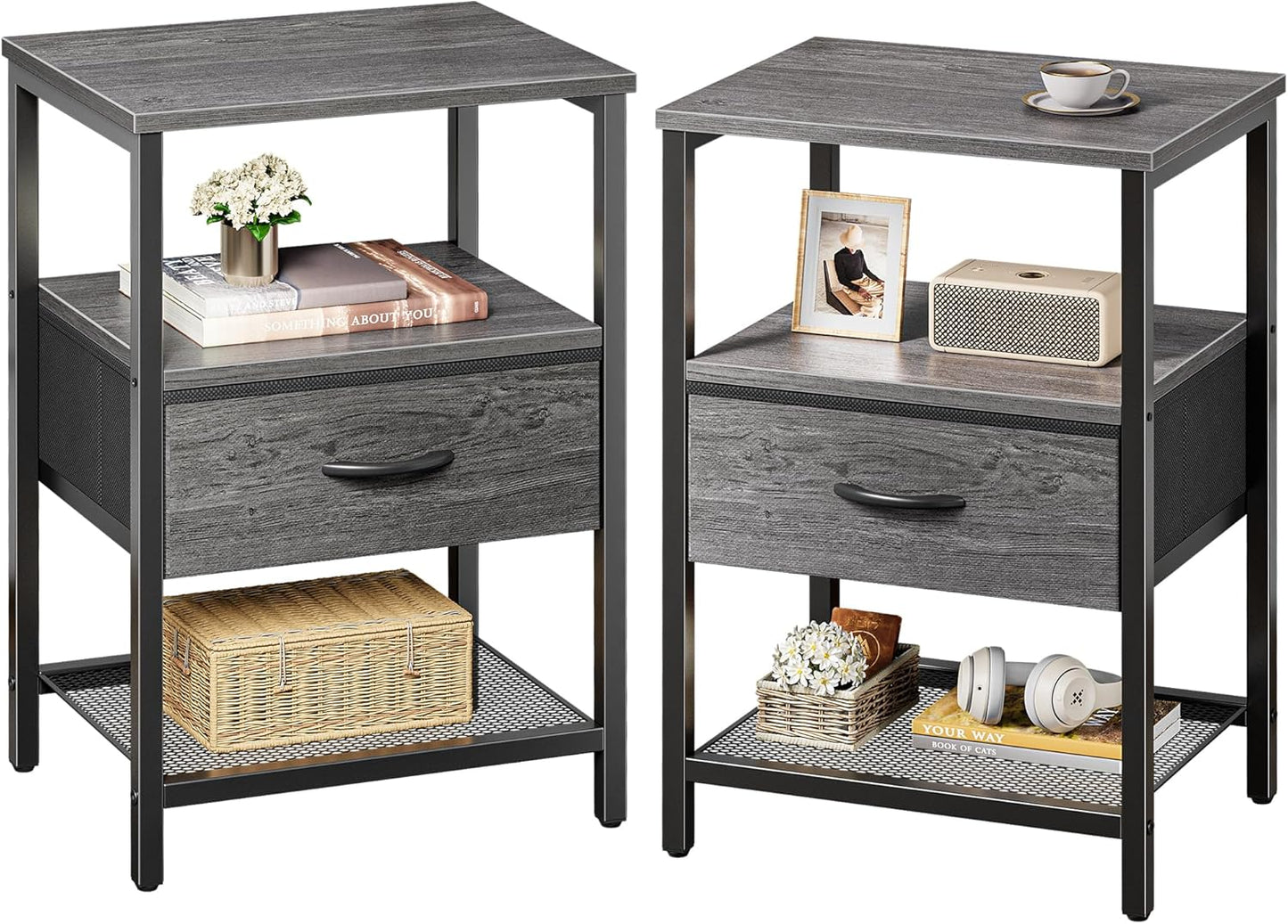 Huuger Nightstand Set of 2, Night Stand with Fabric Drawer, Mesh Shelf, Side Table with Storage, Fabric Drawer Dresser, Open Shelf, Metal Frame, Bedroom, Rustic Brown