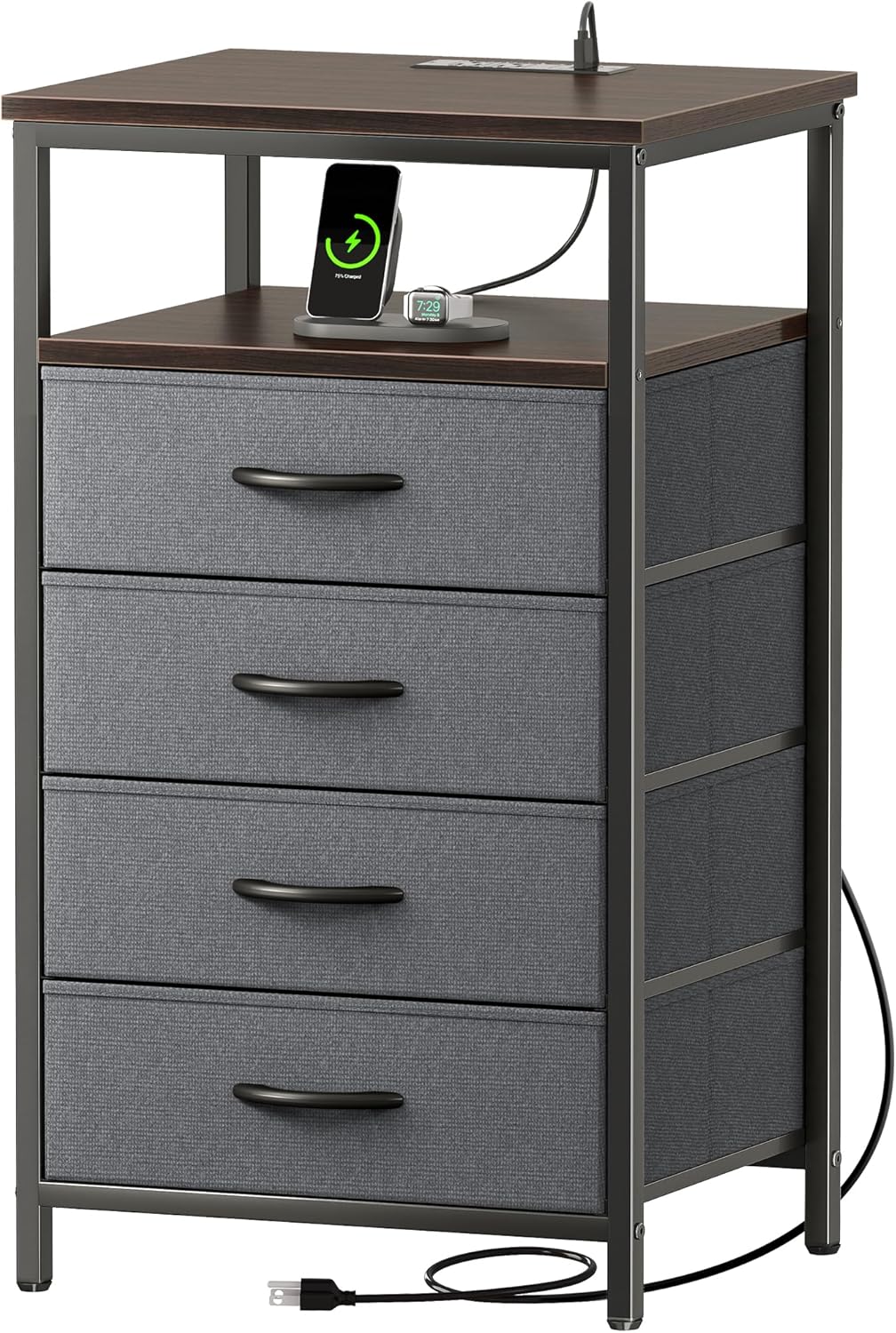 Huuger Nightstand with Charging Station, 27.6 Inch Bedside Table with Fabric Drawers, End Table with USB Ports and Outlets, Night Stand for Bedroom, Rustic Brown