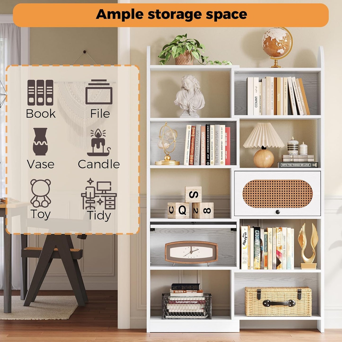 IRONCK 6 Tier Bookshelf and Bookcase with 2 Rattan Design Flip-top Storage Cabinets, 8 Cube Bookcases Display Storage Shelves Organizer for Living Room, 43.3" White