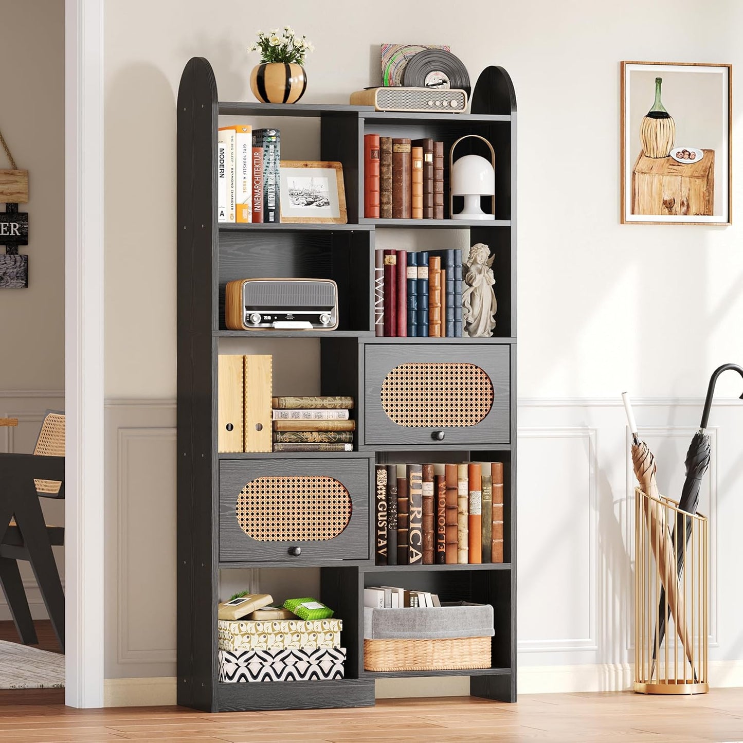 IRONCK 6 Tier Bookshelf and Bookcase with 2 Rattan Design Flip-top Storage Cabinets, 8 Cube Bookcases Display Storage Shelves Organizer for Living Room, 43.3" White