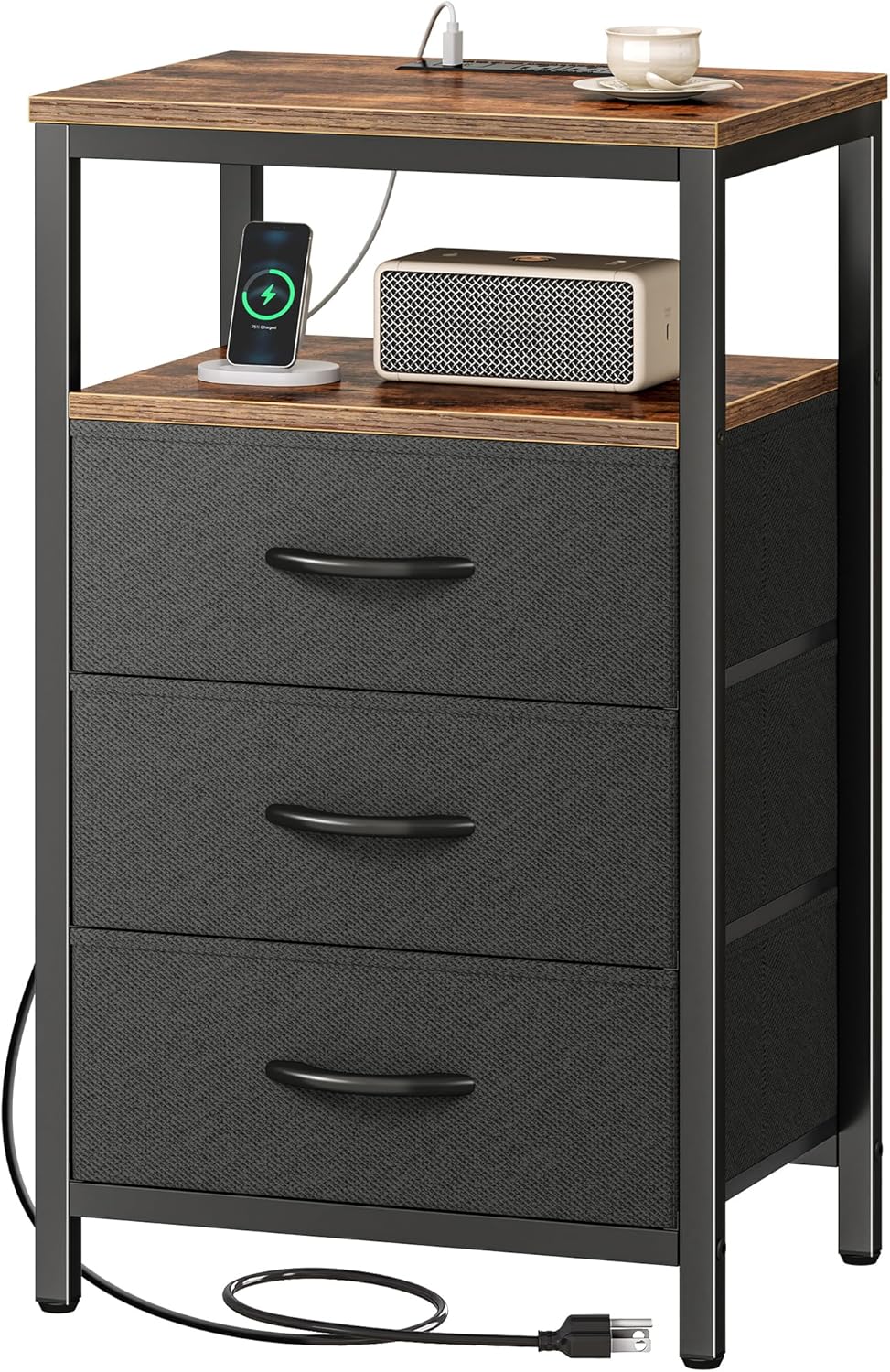 Huuger Nightstand with Charging Station, 27.6 Inch Bedside Table with Fabric Drawers, End Table with USB Ports and Outlets, Night Stand for Bedroom, Rustic Brown