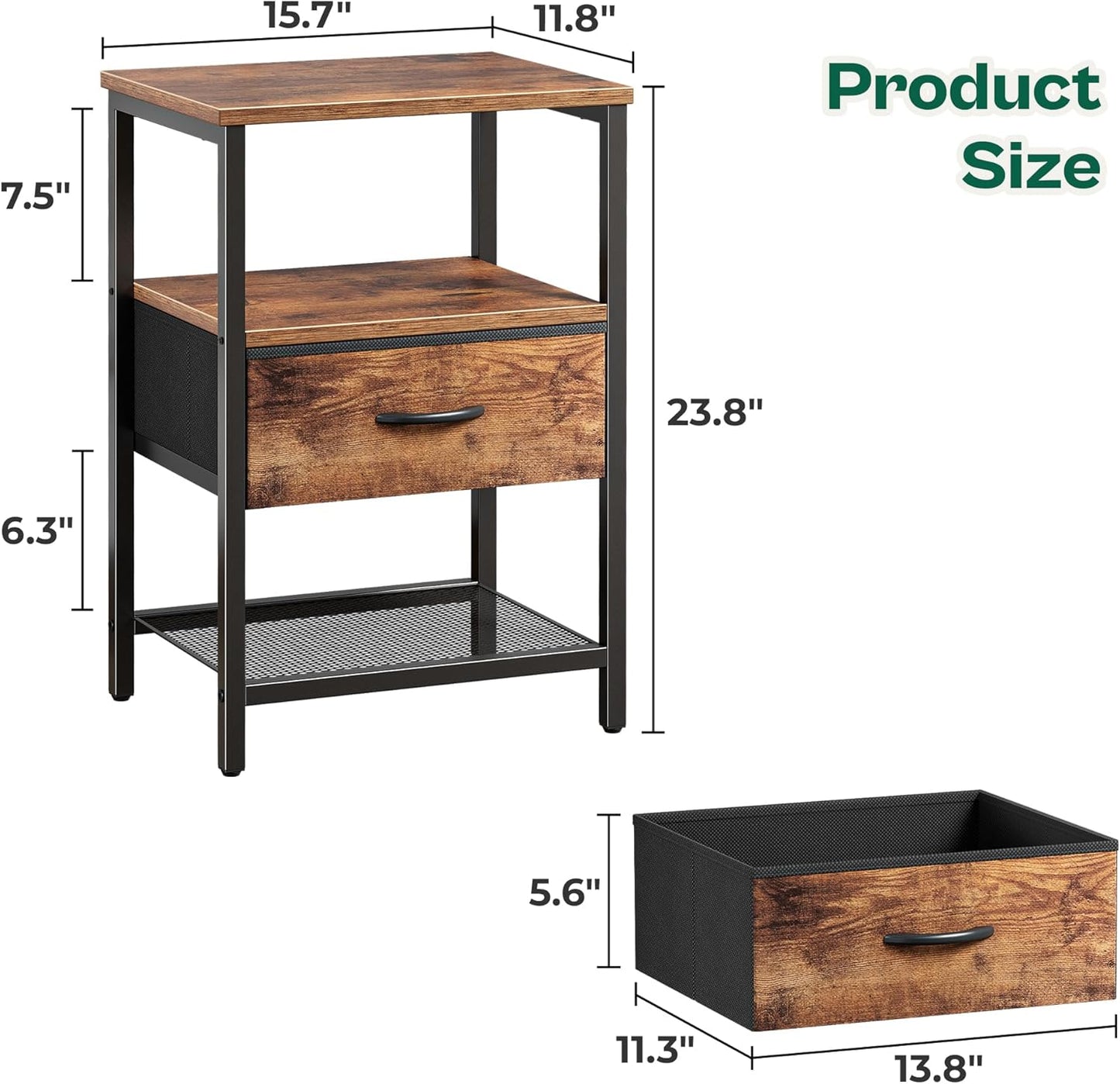 Huuger Nightstand Set of 2, Night Stand with Fabric Drawer, Mesh Shelf, Side Table with Storage, Fabric Drawer Dresser, Open Shelf, Metal Frame, Bedroom, Rustic Brown