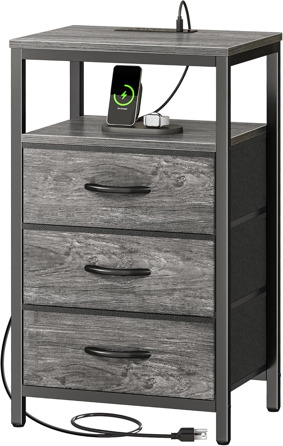 Huuger Nightstand with Charging Station, 27.6 Inch Bedside Table with Fabric Drawers, End Table with USB Ports and Outlets, Night Stand for Bedroom, Rustic Brown