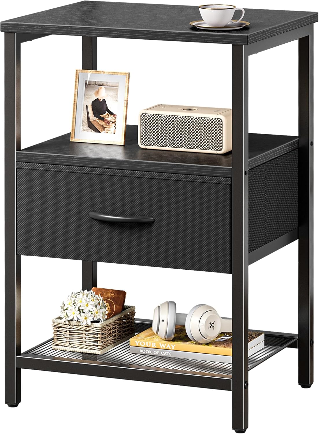 Huuger Nightstand Set of 2, Night Stand with Fabric Drawer, Mesh Shelf, Side Table with Storage, Fabric Drawer Dresser, Open Shelf, Metal Frame, Bedroom, Rustic Brown