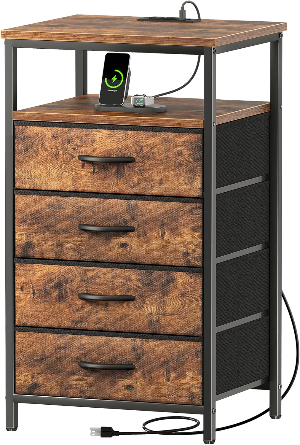 Huuger Nightstand with Charging Station, 27.6 Inch Bedside Table with Fabric Drawers, End Table with USB Ports and Outlets, Night Stand for Bedroom, Rustic Brown