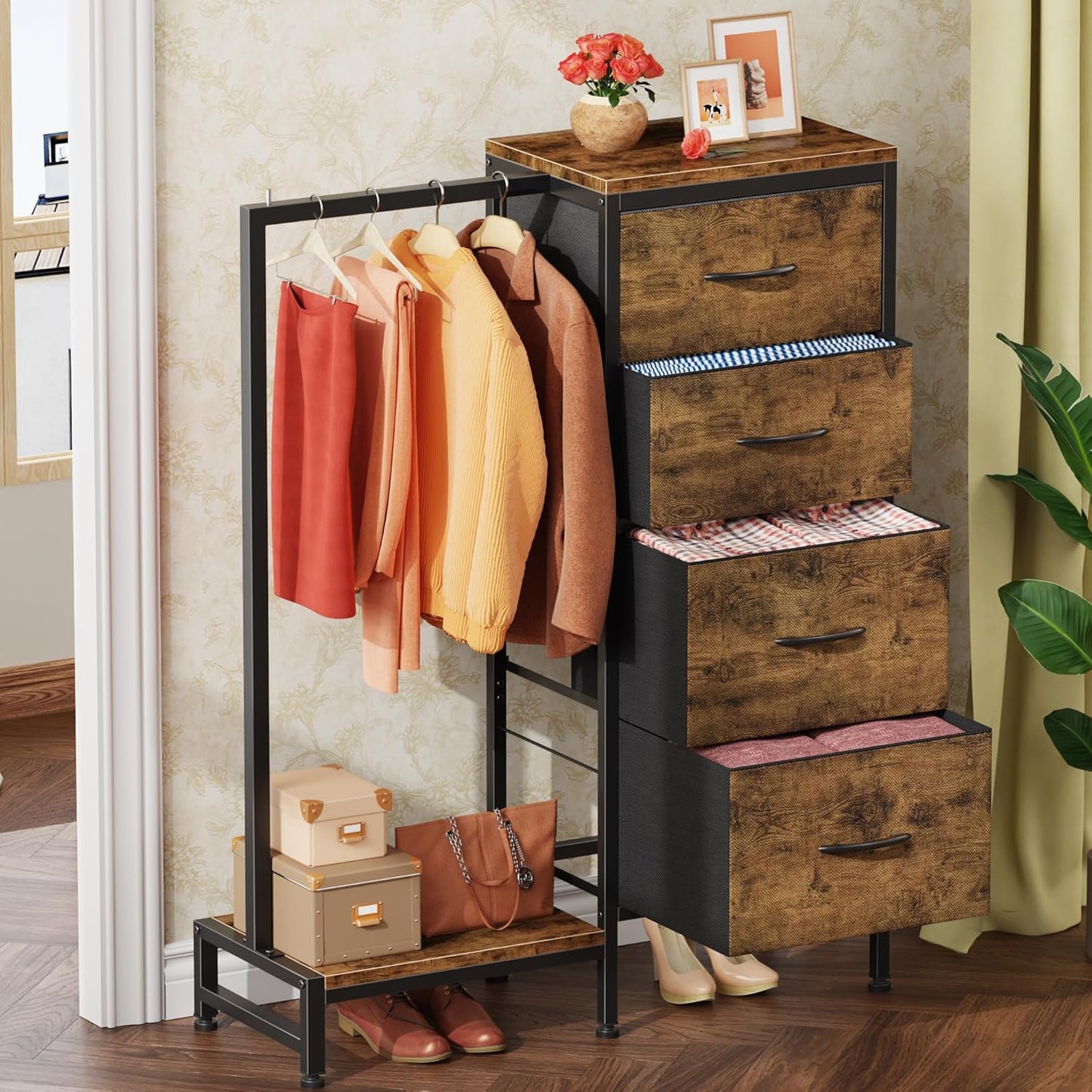 Dresser with Hanging Rack, 4 Drawers Small Closet for Bedroom, Reversible Fabric Kids Chest of Drawers with Clothes Rack, Tall Storage Tower, Sturdy Frame, Rustic Brown, 44''H