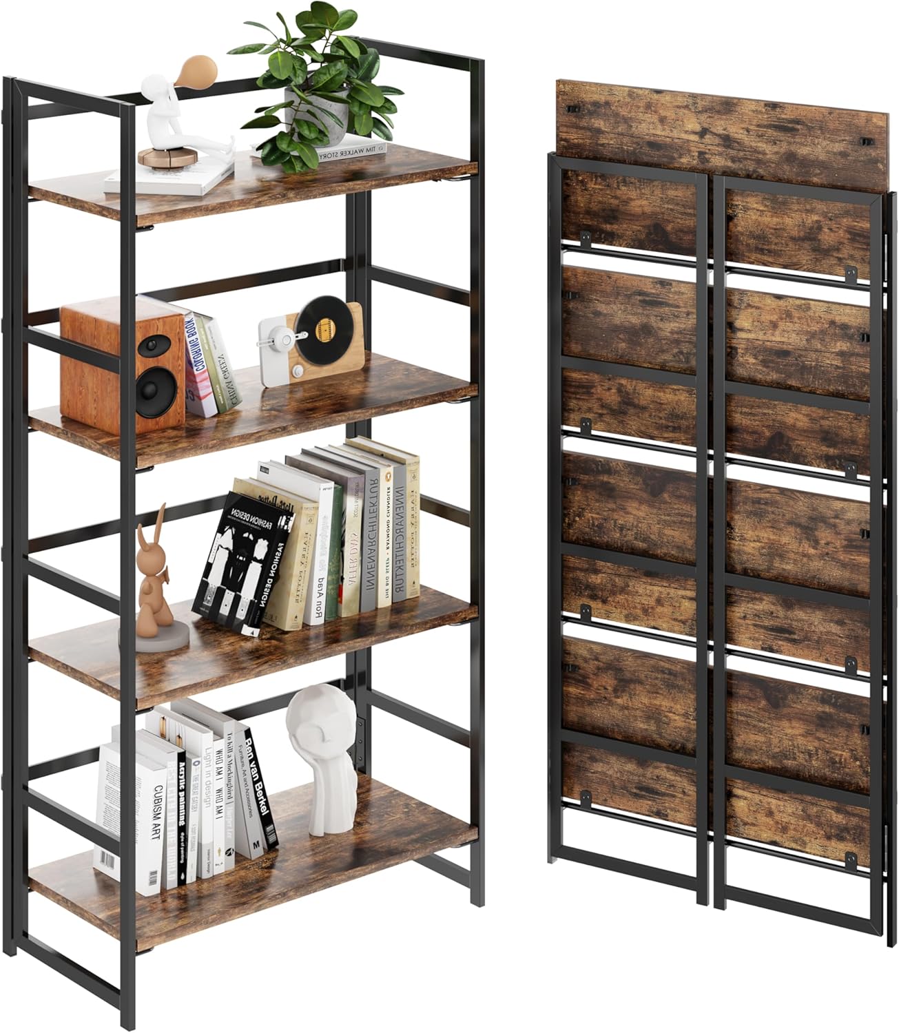 BHG Vintage Multifunctional Folding Bookshelf, No-Assembly Plant Stand Storage Rack Shelves for Home Office (Fire, 5-Tier)
