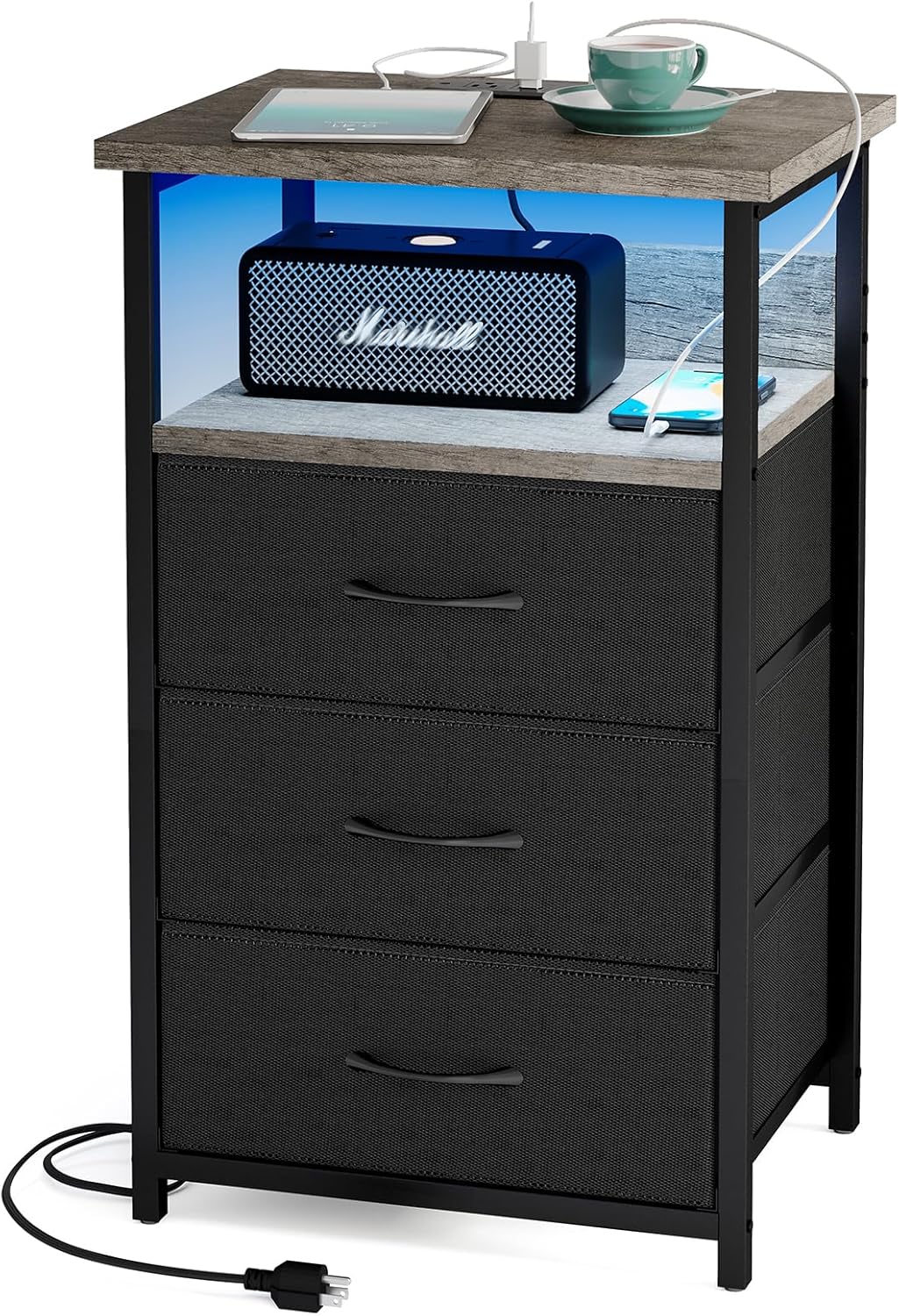 Fixwal Night Stand with Charging Station, LED Nightstand with U-S-B Ports and Outlets, 3 Fabric Storage Drawers with PU Finish, Bedside Table, Black