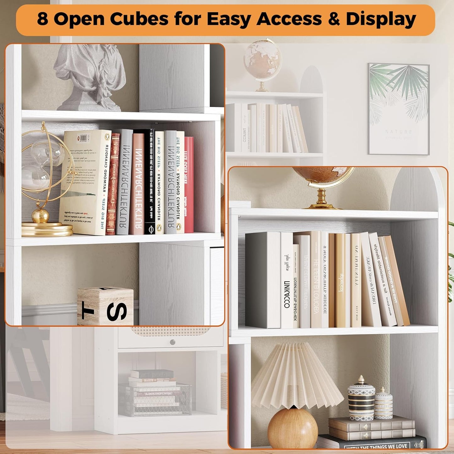 IRONCK 6 Tier Bookshelf and Bookcase with 2 Rattan Design Flip-top Storage Cabinets, 8 Cube Bookcases Display Storage Shelves Organizer for Living Room, 43.3" White