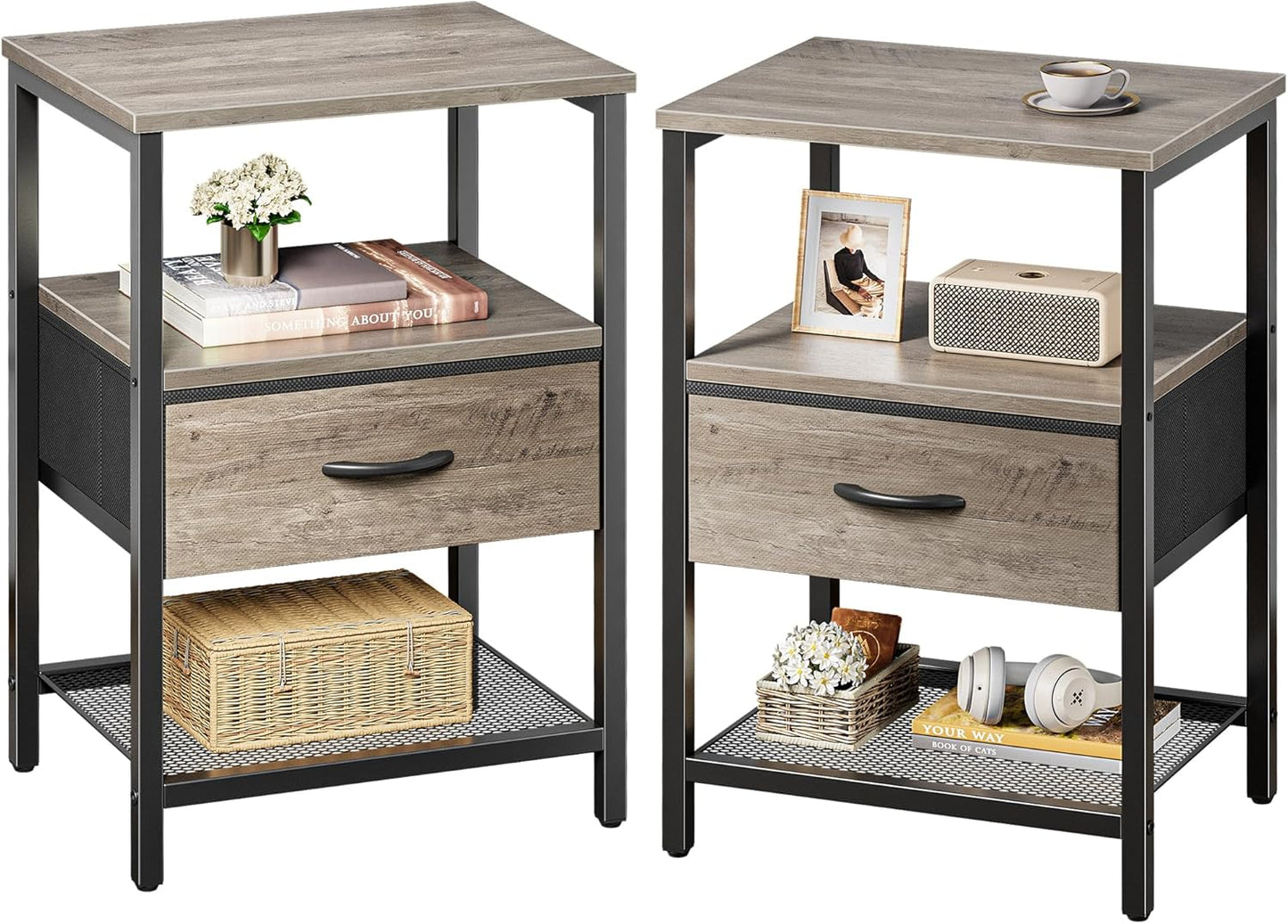 Huuger Nightstand Set of 2, Night Stand with Fabric Drawer, Mesh Shelf, Side Table with Storage, Fabric Drawer Dresser, Open Shelf, Metal Frame, Bedroom, Rustic Brown