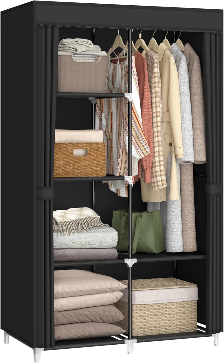 Portable Closet Wardrobe, 67-Inch Clothes Organizer with 4 Hanging Rods and 8 Shelves, Non-Woven Fabric Cover, Large Capacity Storage for Bedroom and Living Room, Black