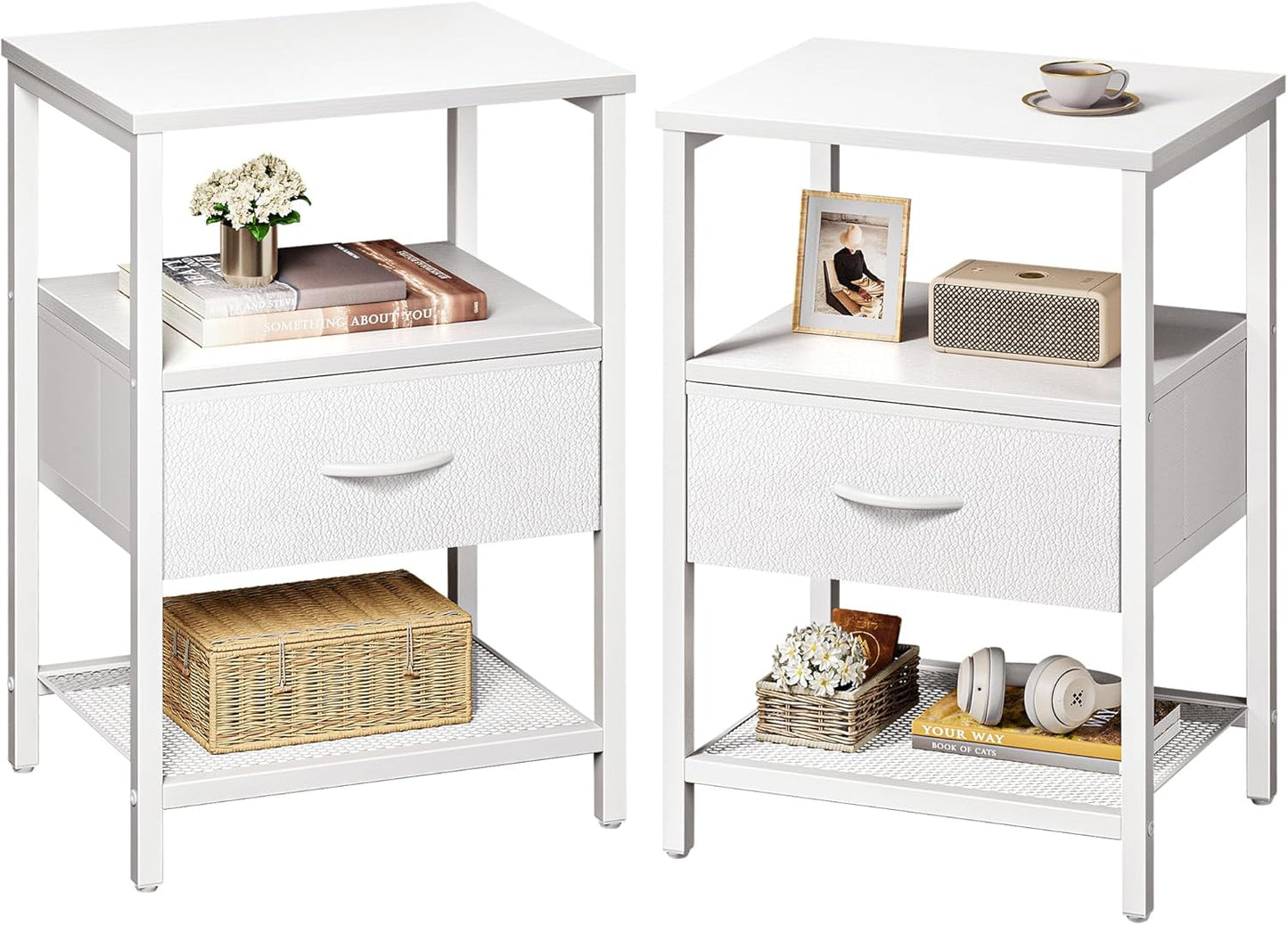 Huuger Nightstand Set of 2, Night Stand with Fabric Drawer, Mesh Shelf, Side Table with Storage, Fabric Drawer Dresser, Open Shelf, Metal Frame, Bedroom, Rustic Brown