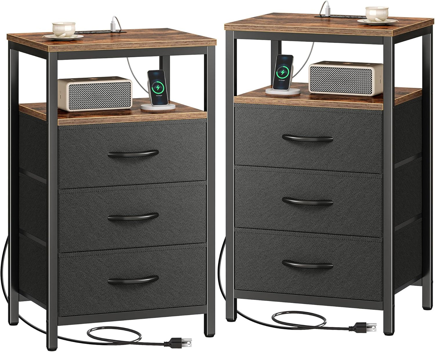 Huuger Nightstand with Charging Station, 27.6 Inch Bedside Table with Fabric Drawers, End Table with USB Ports and Outlets, Night Stand for Bedroom, Rustic Brown