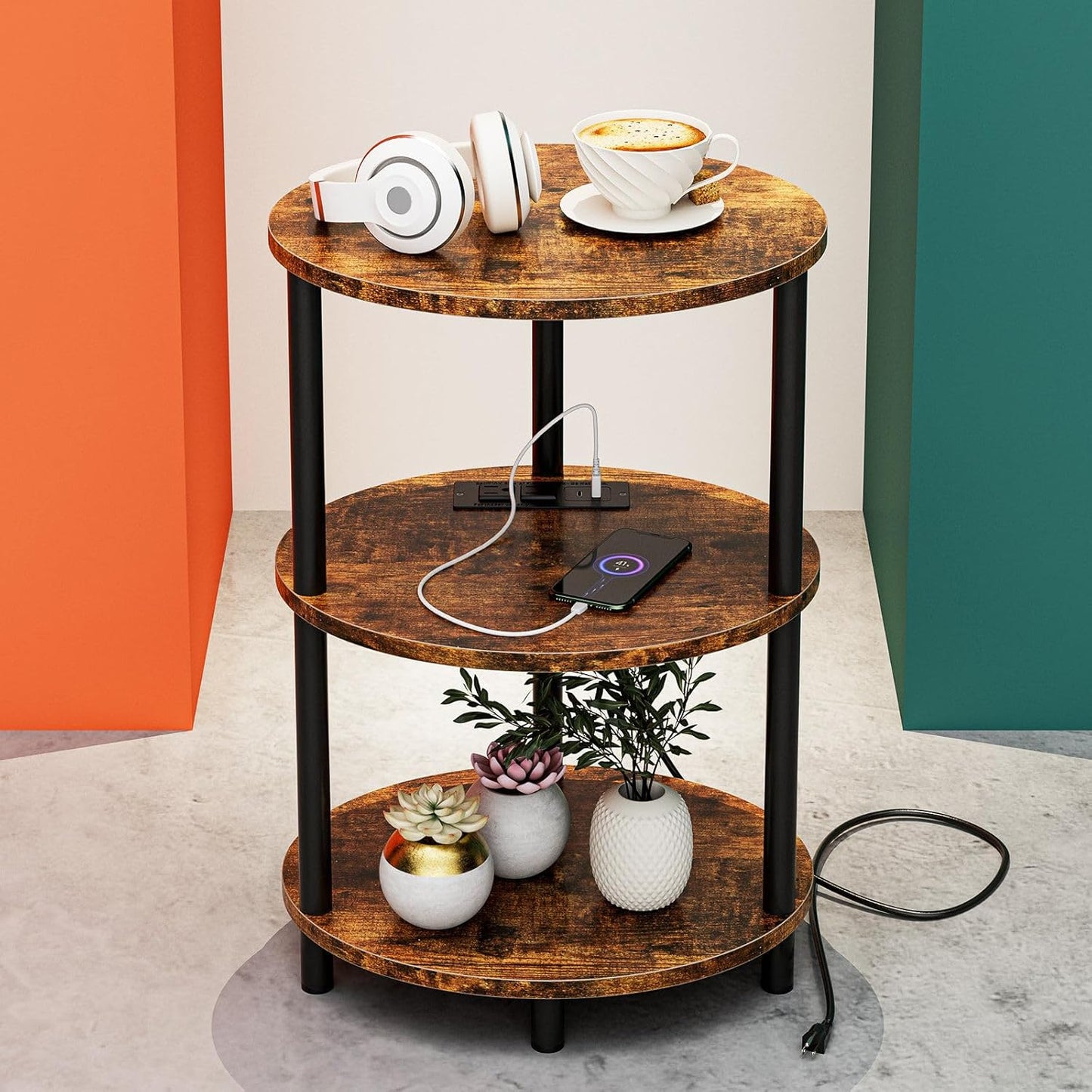 Small Round Side Table - 3-Tier Oval Accent Table for Small Spaces, Rustic Wood and Metal Couch End Table, Nightstand for Bedroom or End Table Living Room, Easy to Assemble, Rustic Brown