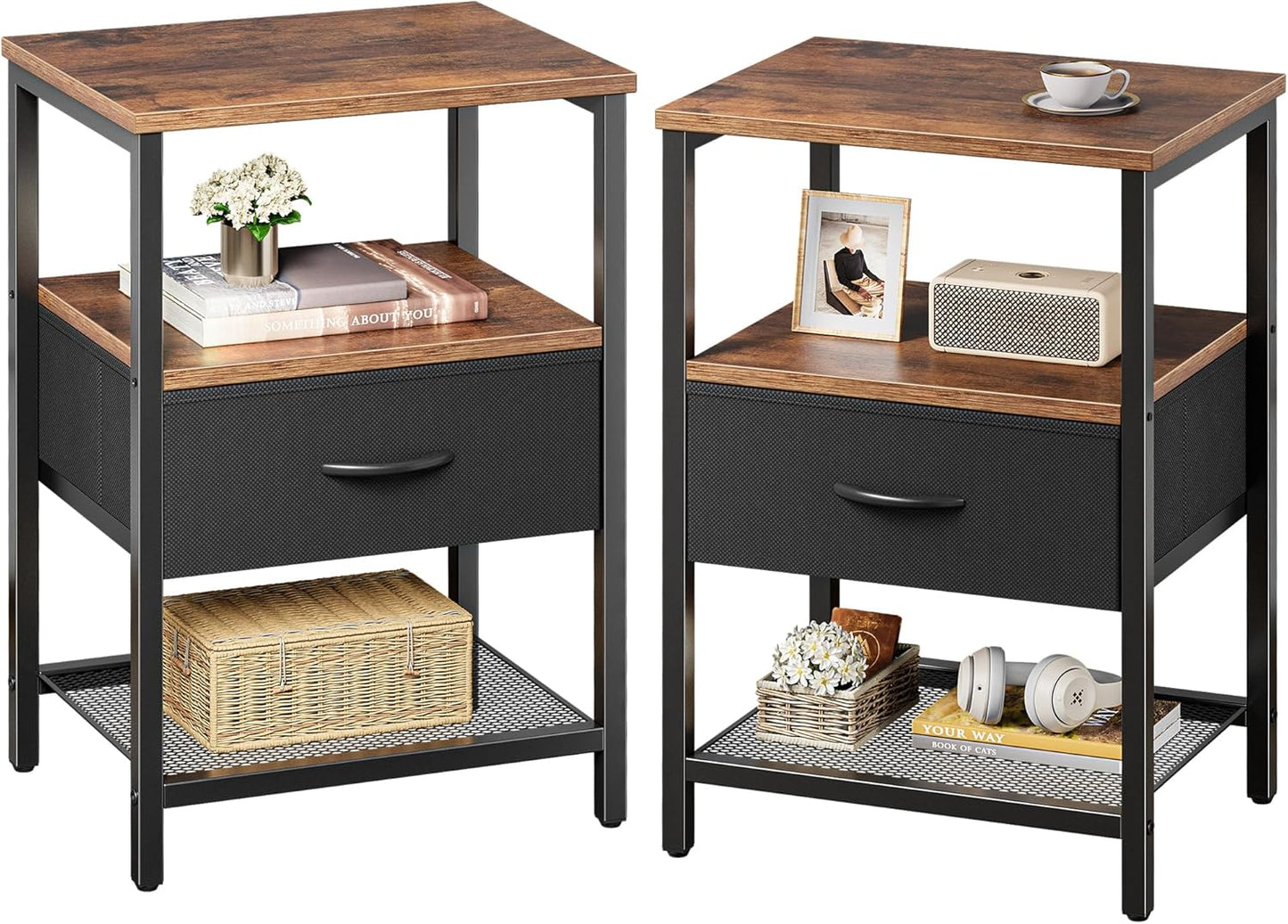 Huuger Nightstand Set of 2, Night Stand with Fabric Drawer, Mesh Shelf, Side Table with Storage, Fabric Drawer Dresser, Open Shelf, Metal Frame, Bedroom, Rustic Brown